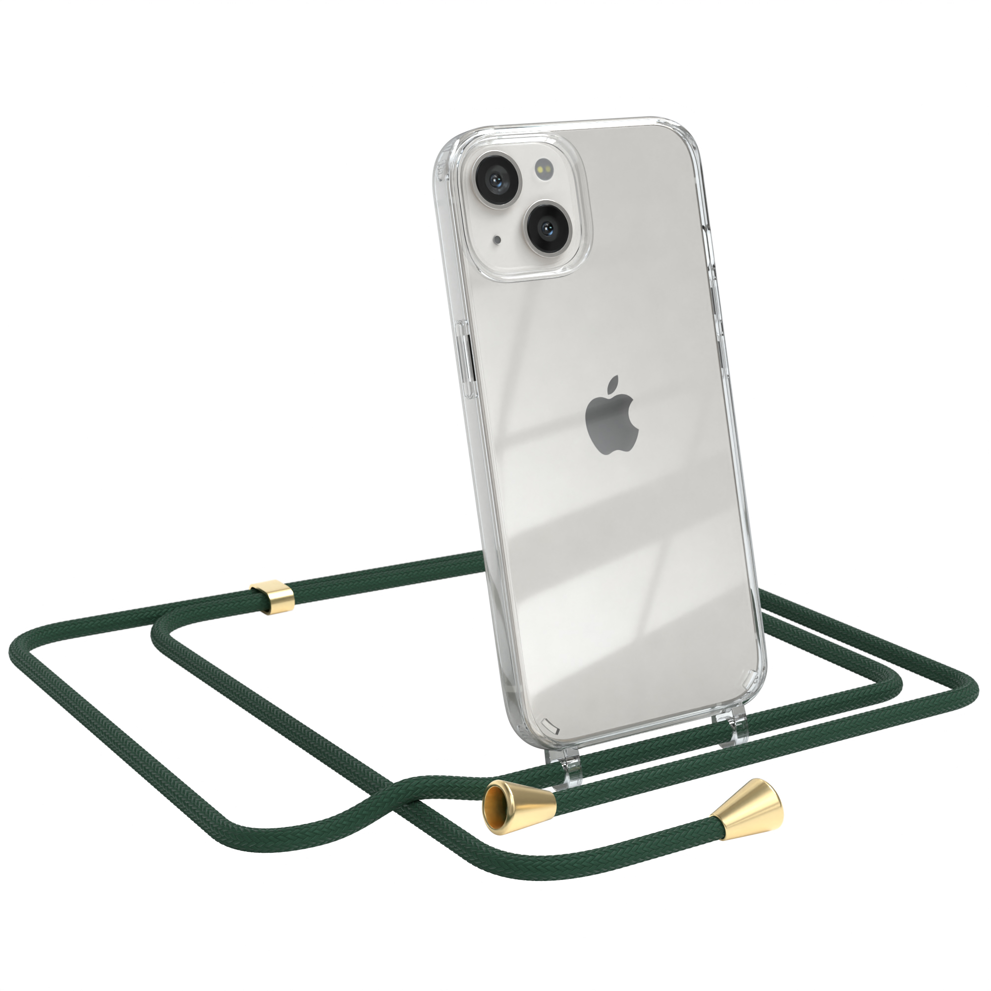 Klares Telefon mit grünem Kabel. Das Telefon befindet sich in einer transparenten Hülle. Das Kabel hat goldene Akzente.