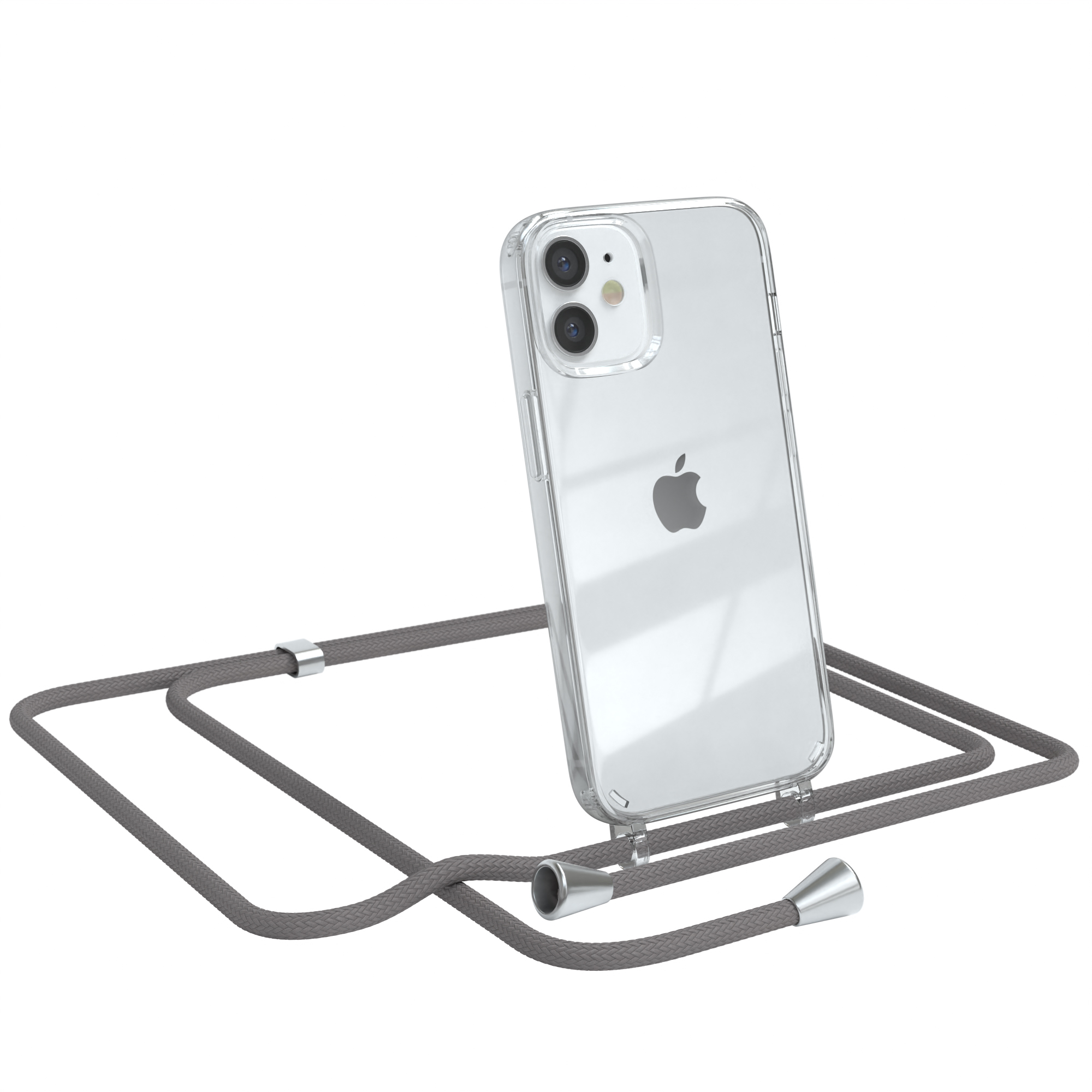Mini, 12 Apple, Silber / CASE iPhone Cover Clear Clips EAZY mit Grau Umhängetasche, Umhängeband,
