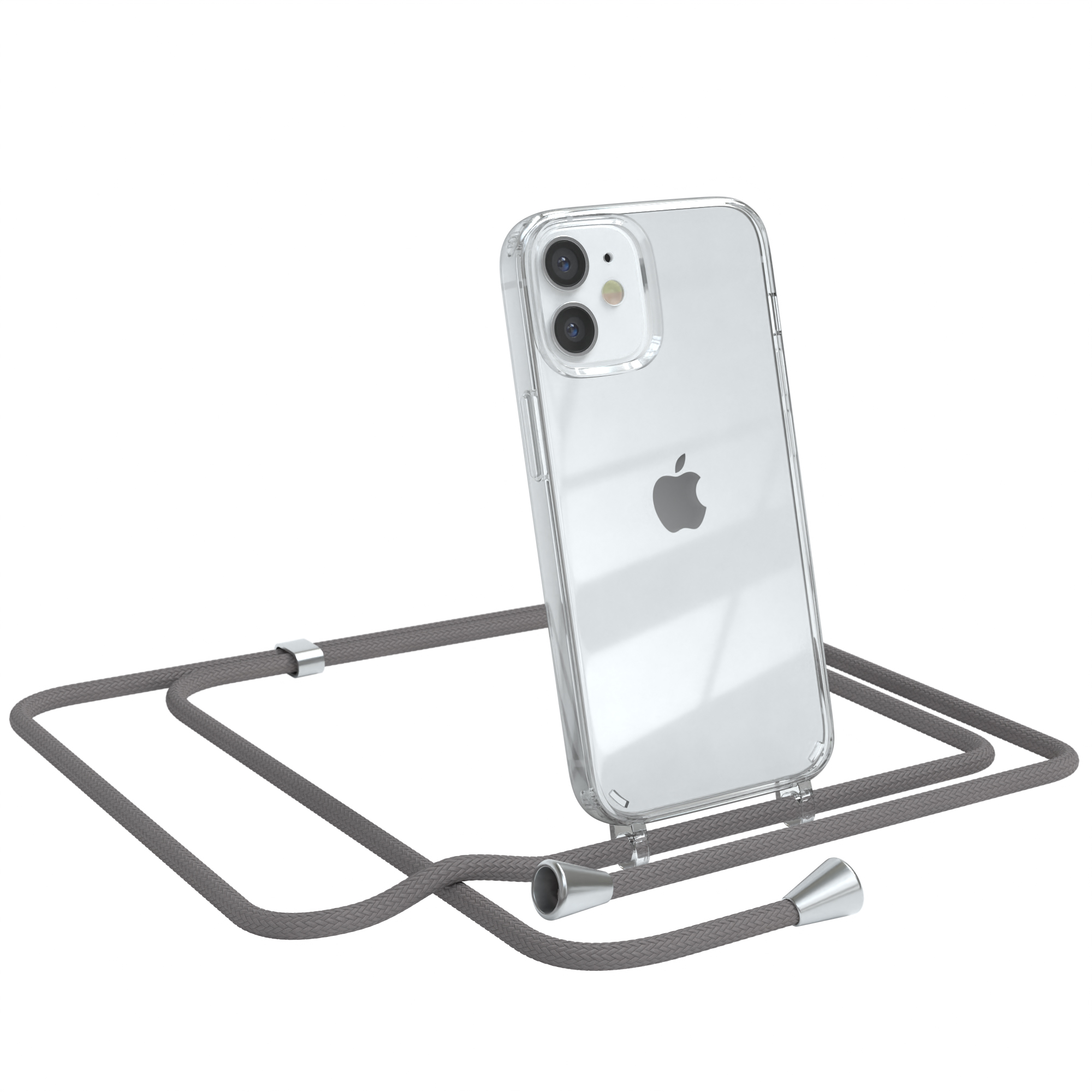 Transparente Handyhülle mit grauem Kordel. Apple-Telefon sichtbar. Weißer Hintergrund.