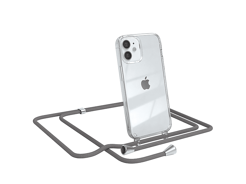 EAZY CASE Clear Cover mit Umhängeband, Umhängetasche, Apple, iPhone 12 Mini, Grau / Clips Silber