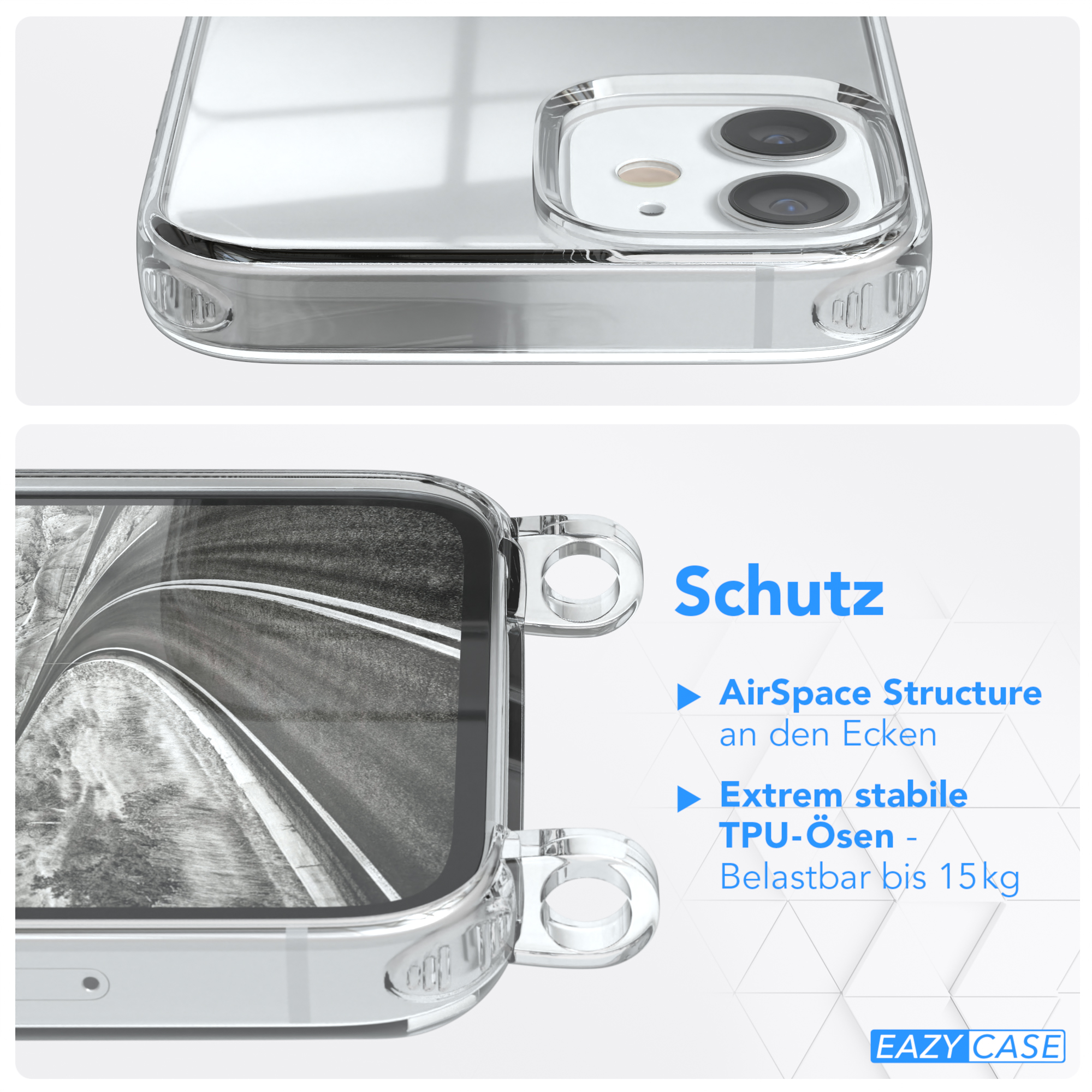 EAZY CASE Clips 12 mit iPhone Apple, Umhängetasche, / Mini, Silber Umhängeband, Clear Cover Grau