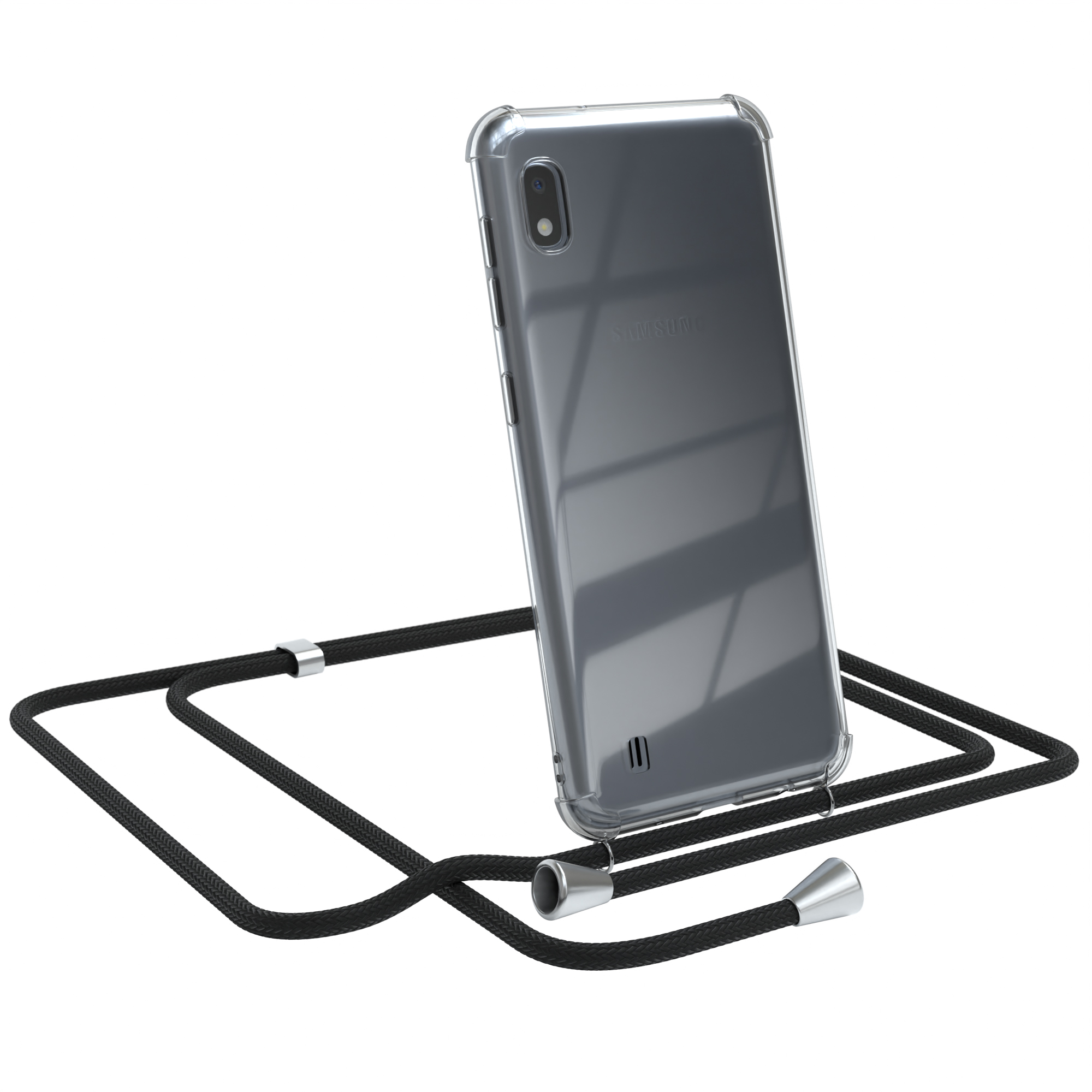 Samsung-Telefon in transparenter Hülle mit schwarzem Umhängeband.