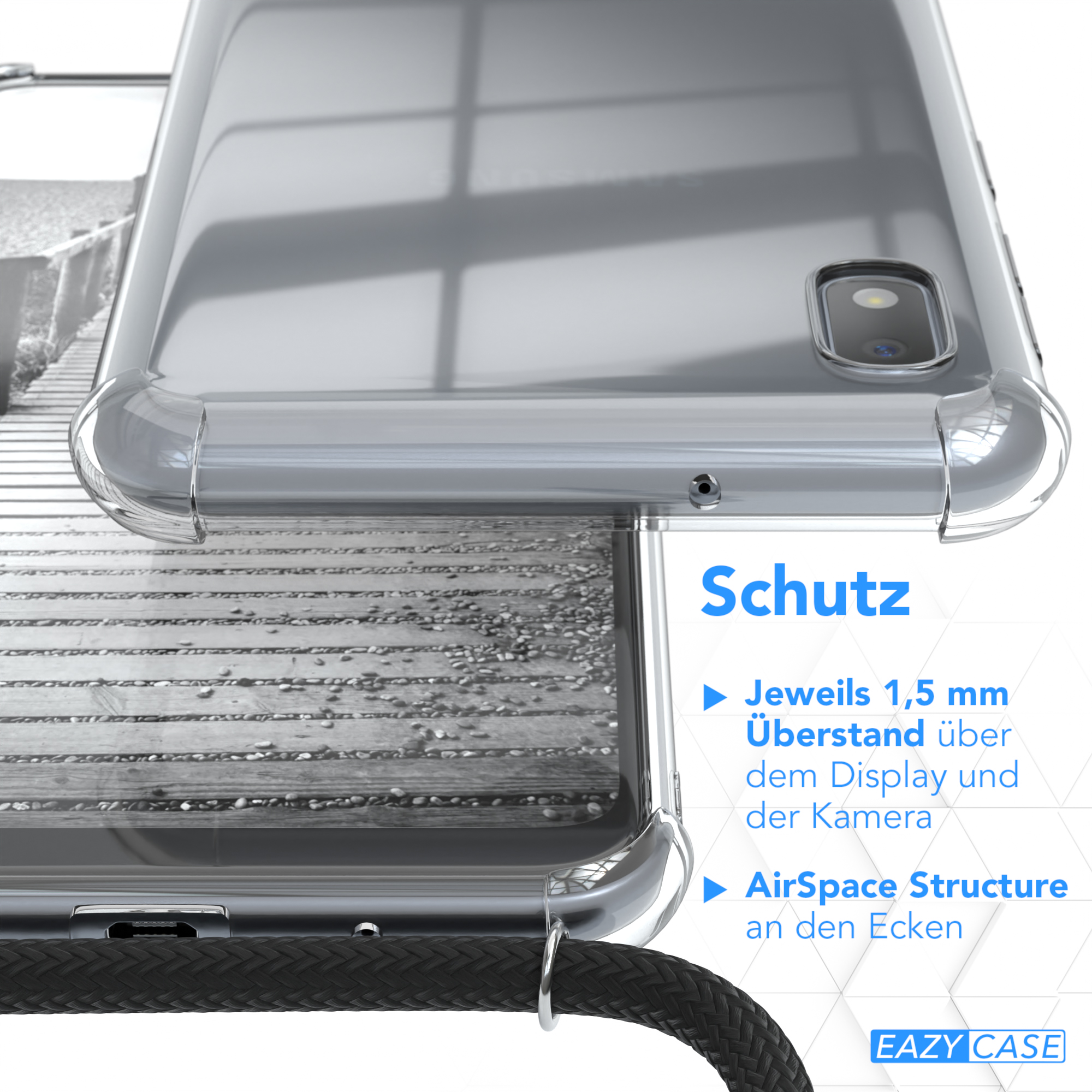 EAZY CASE Clear Cover mit Umhängeband, Umhängetasche, Galaxy / Clips A10, Schwarz Silber Samsung