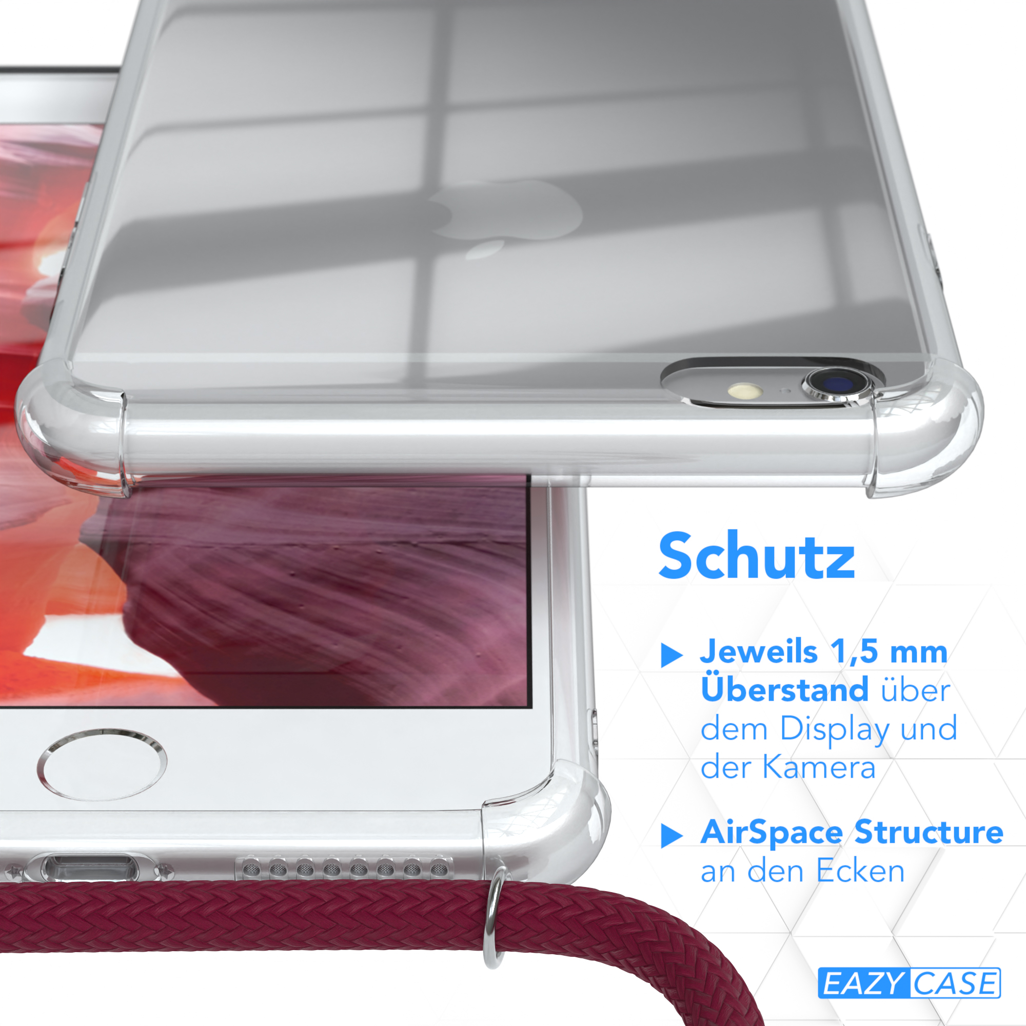Ein Telefon in einer transparenten Hülle, mit Text und Pfeilen. Die Hülle liegt auf einer roten Oberfläche.