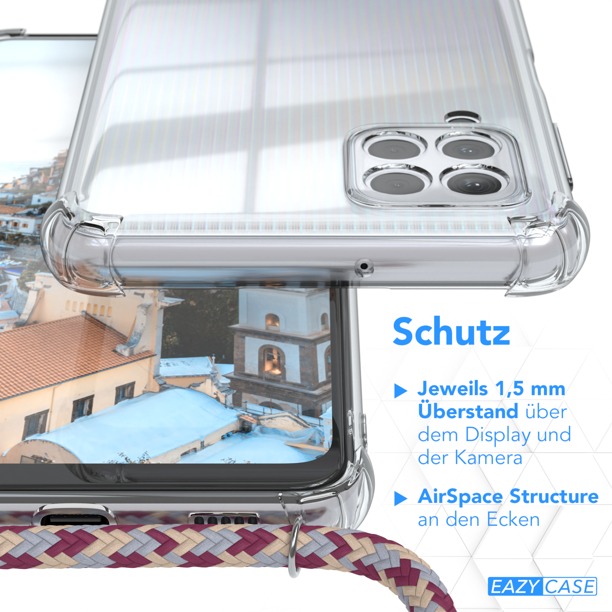 Nahaufnahme einer Handyhülle mit Text zum Schutz. Zeigt 1,5 mm über dem Display und AirSpace Structure.