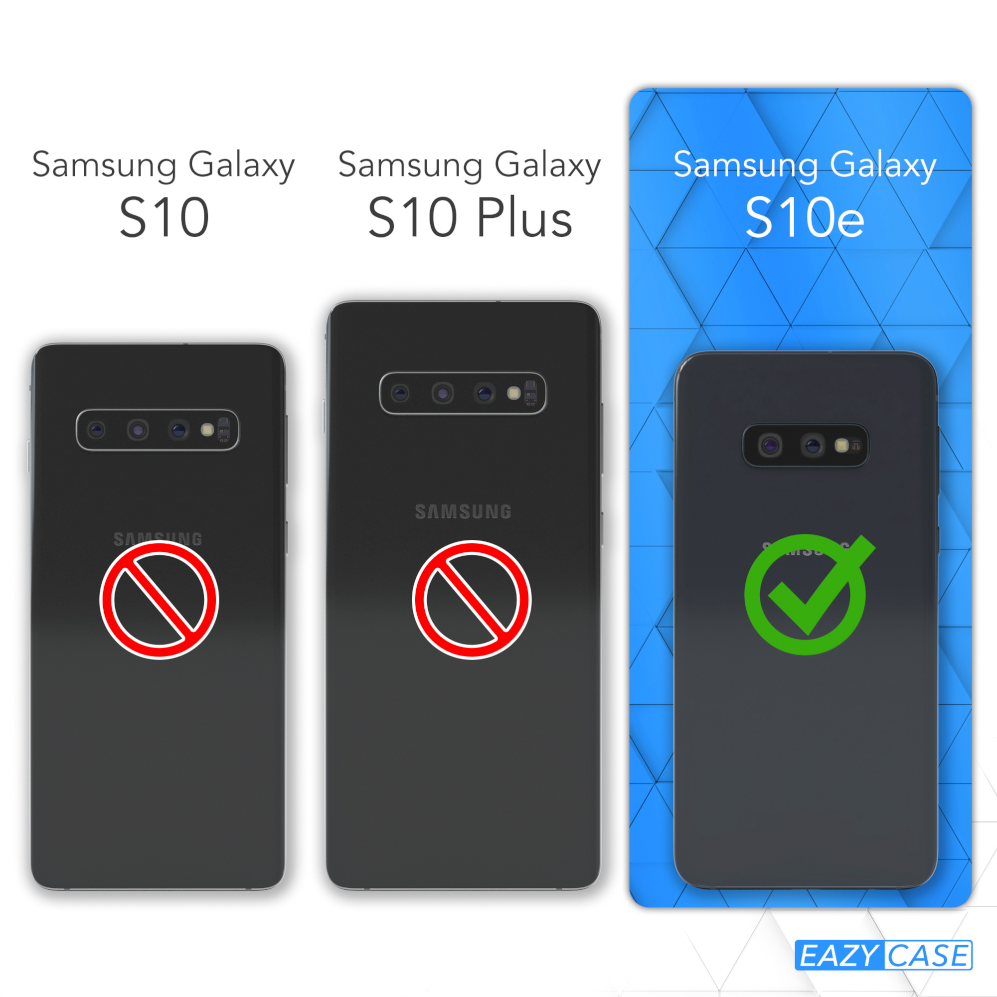 Drei Handys mit den Texten Samsung Galaxy S10, S10 Plus und S10e. Zwei haben ein rotes Verbotsschild, das dritte ein grünes Häkchen.