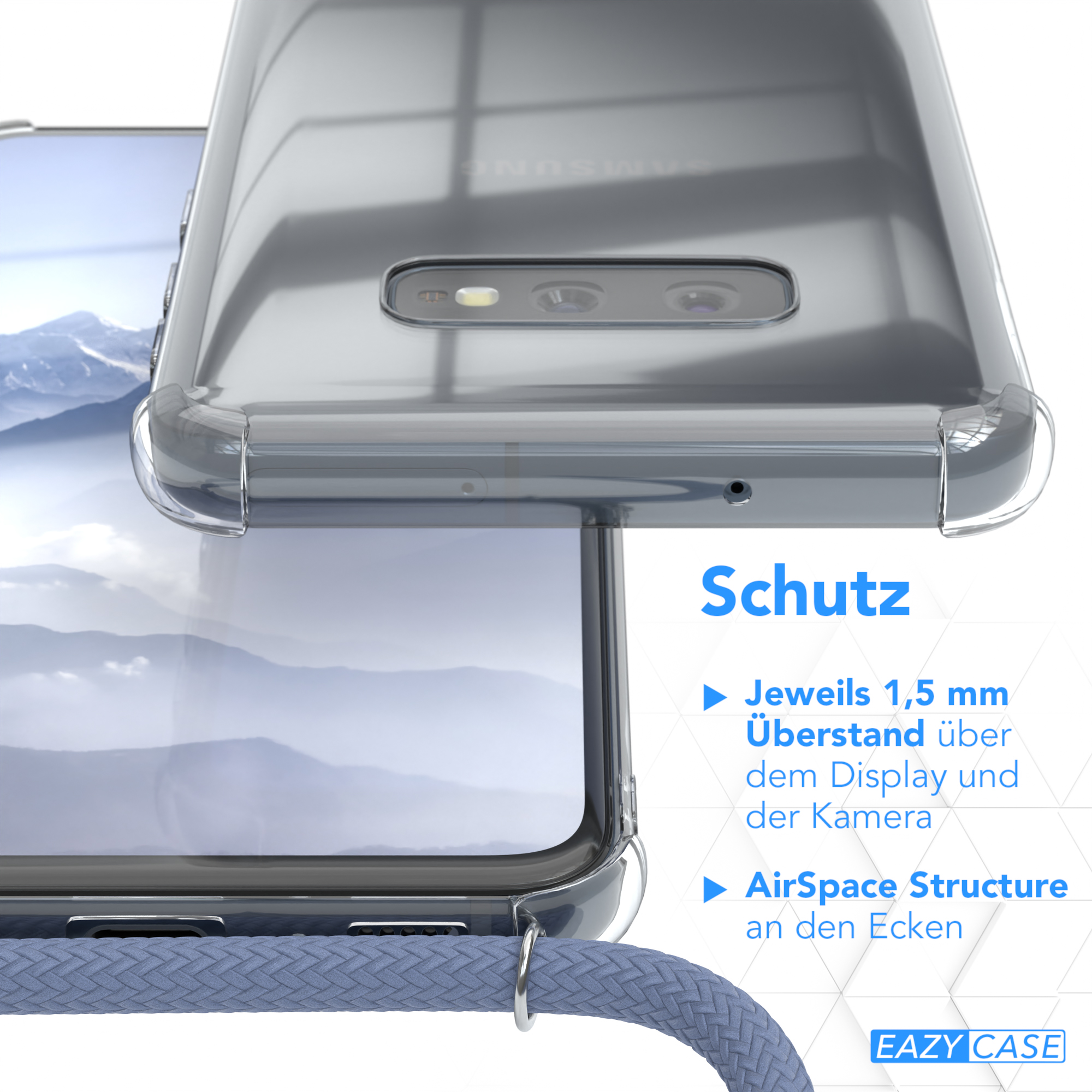 Nahaufnahme eines Telefons in einer transparenten Hülle. Die Hülle zeigt Schutzfunktionen, Text auf Deutsch.