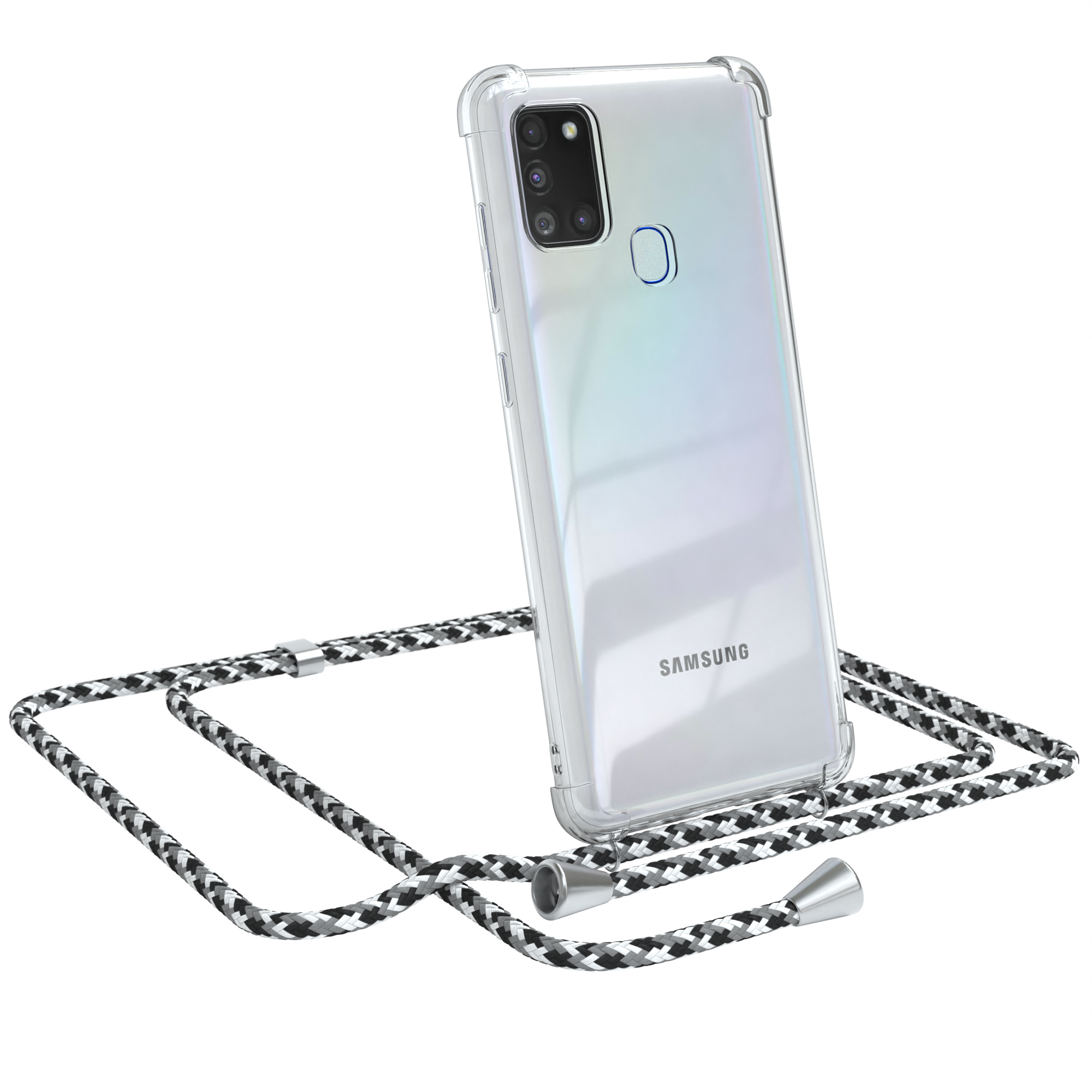 Transparente Handyhülle mit schwarz-weißem Kabel. Samsung Handy mit transparenter Hülle.