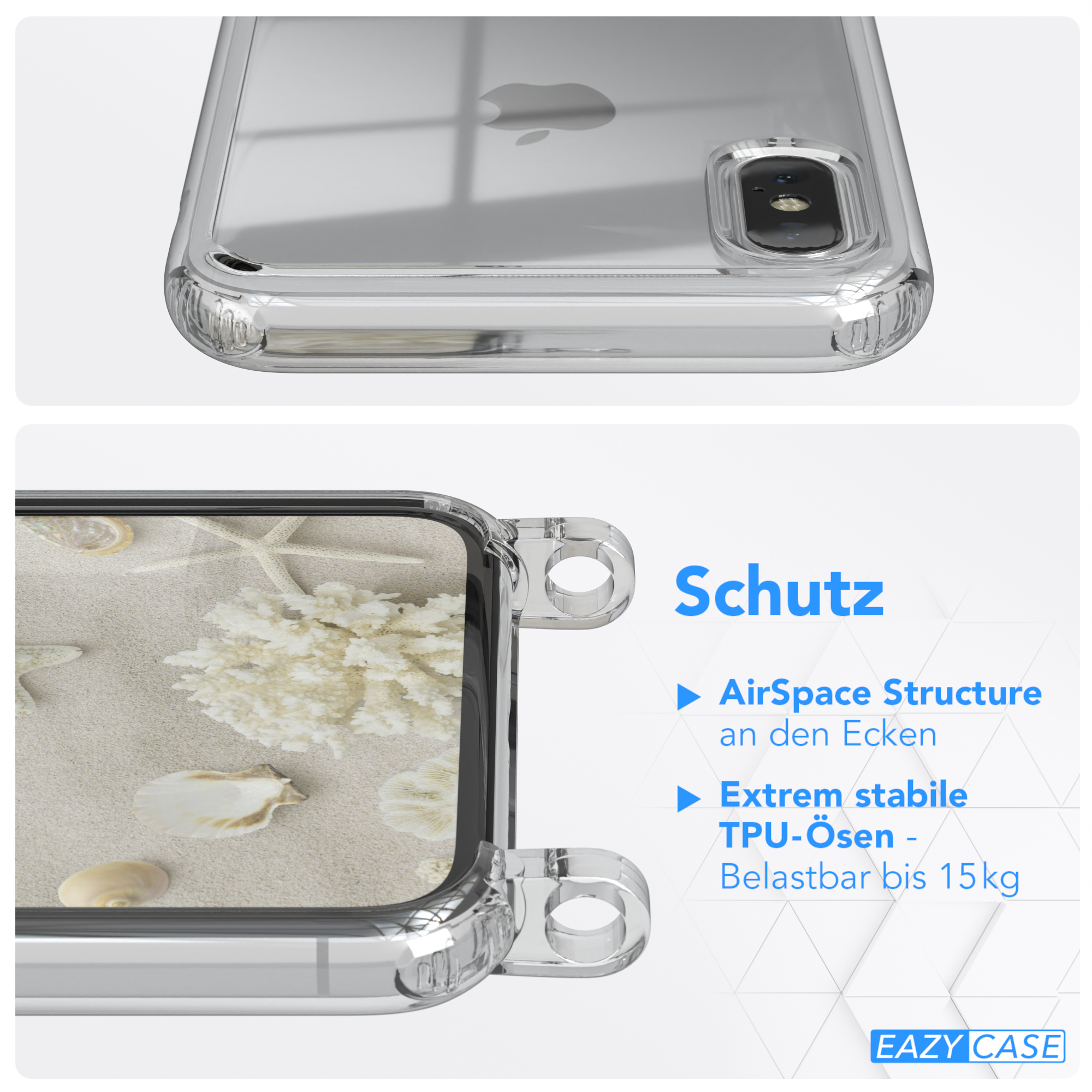 Transparente Handyhülle mit Strandsand- und Muschelhintergrund. Text und Logo sichtbar.