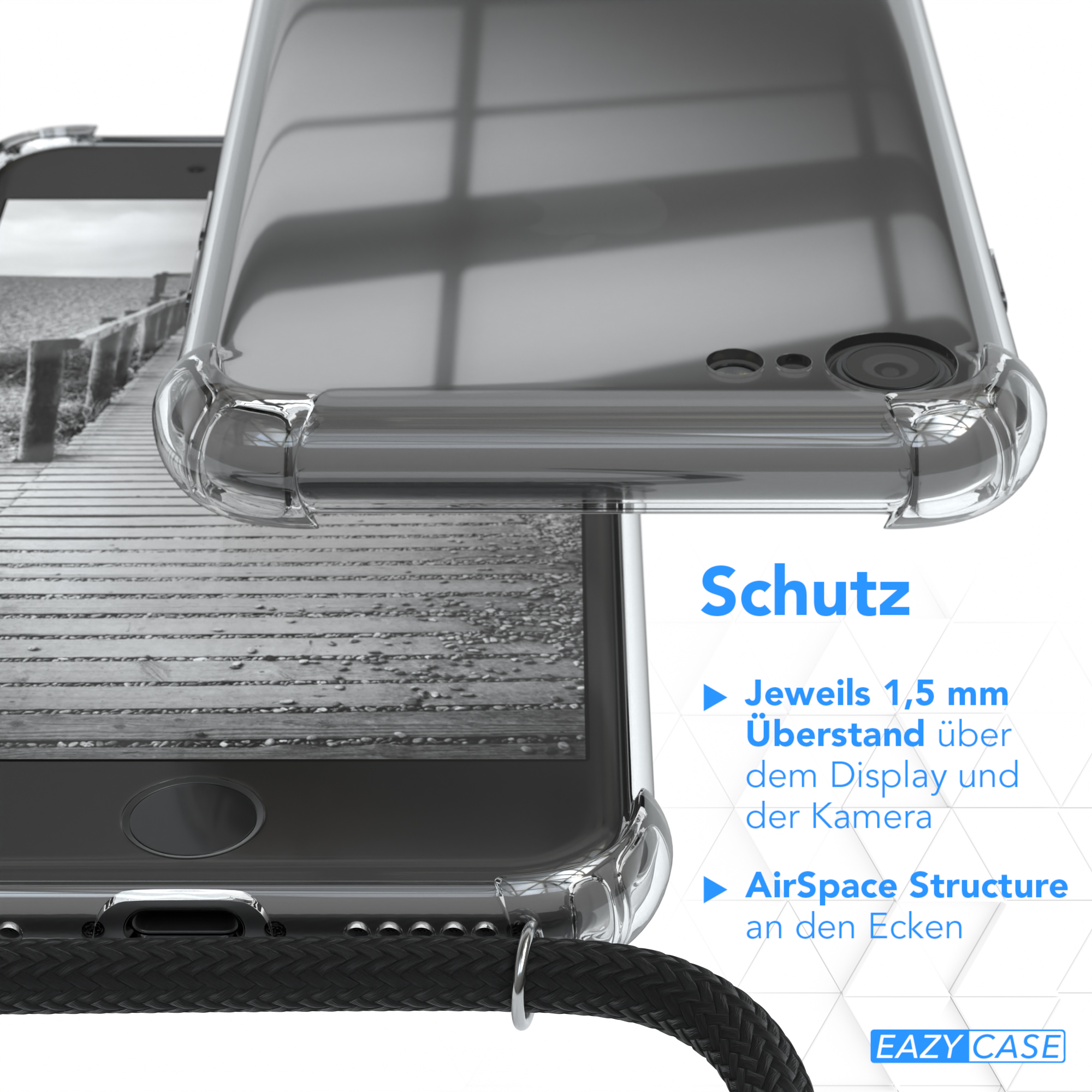 Nahaufnahme einer Handyhülle mit transparentem Design. Text befindet sich am unteren Bildrand.