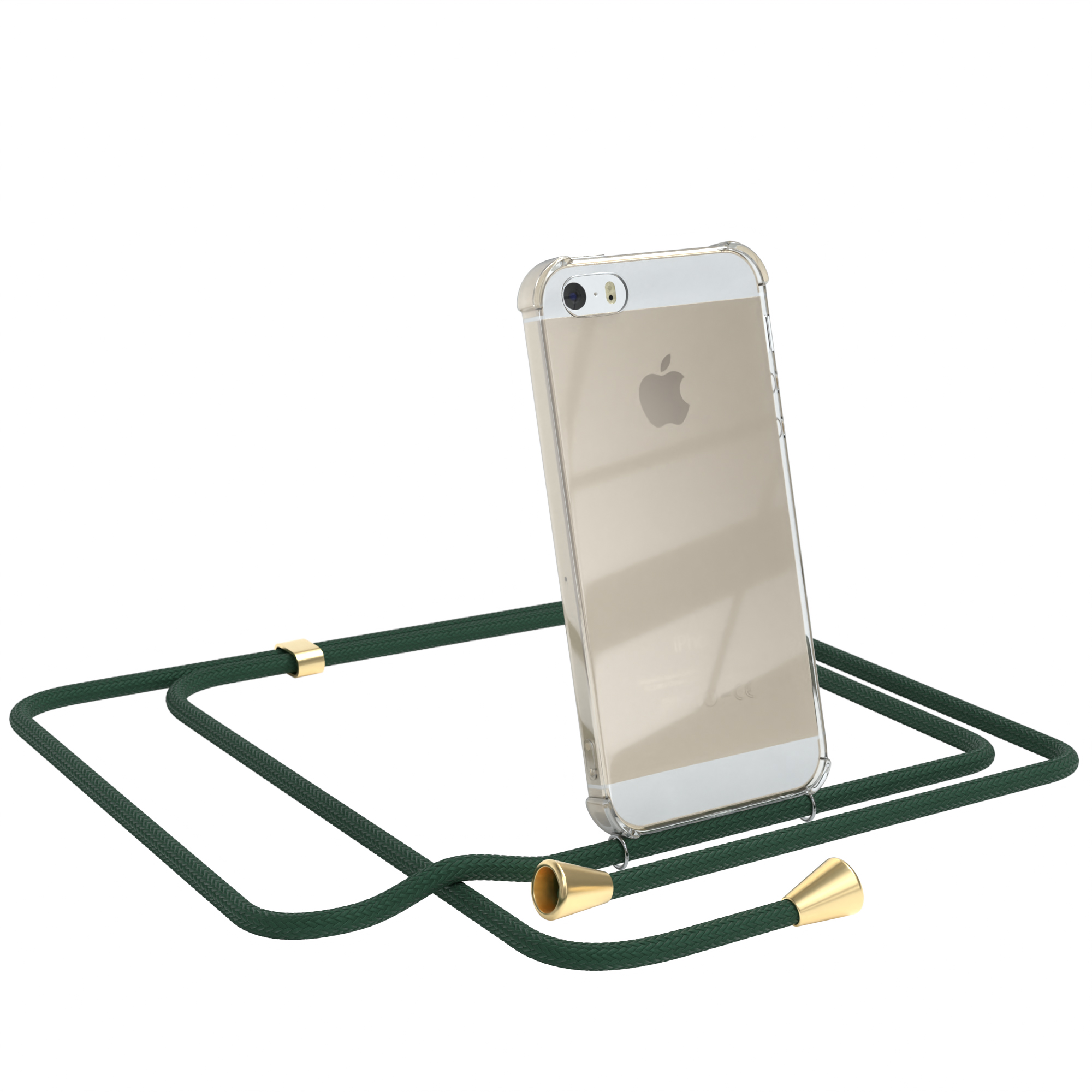 Klares Telefon mit grünem Lanyard. Das Telefon ist klar mit dem Apple-Logo.