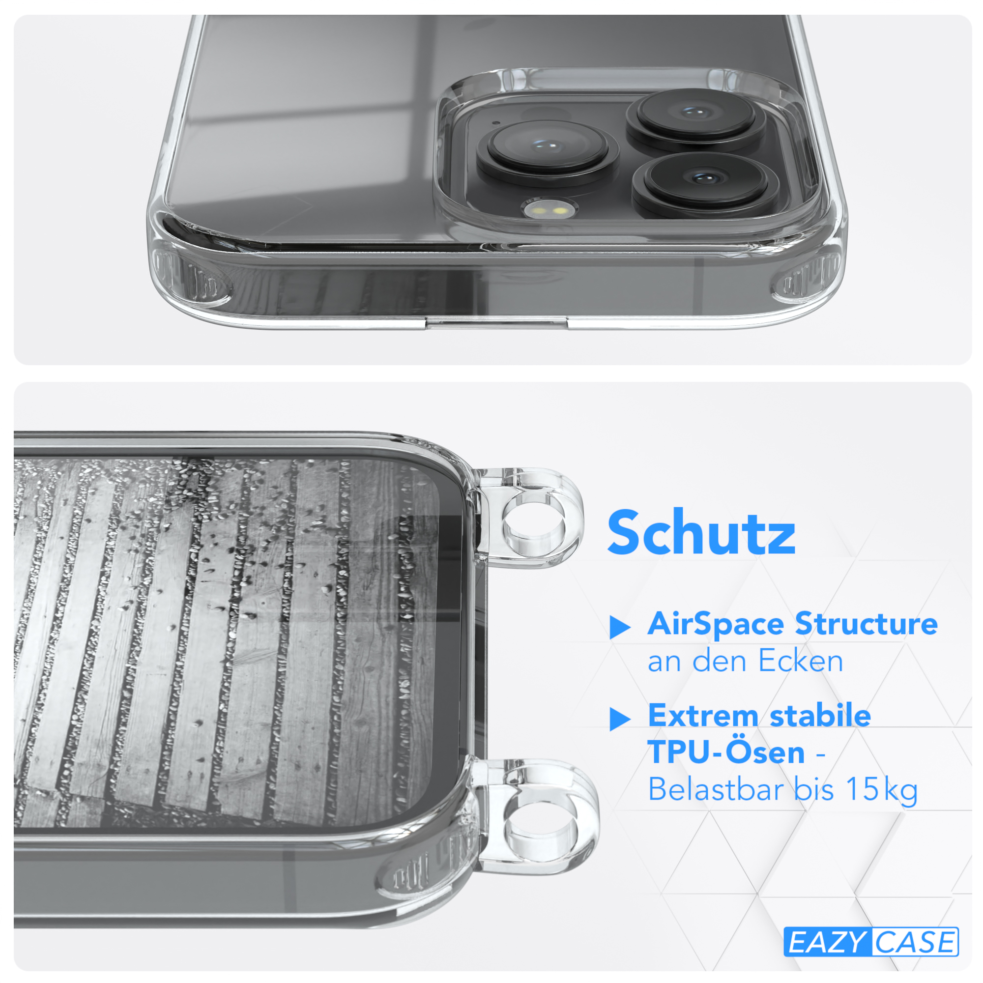 Transparente Handyhülle auf Oberfläche. Details zeigen Kamera und Kanten des Telefons.