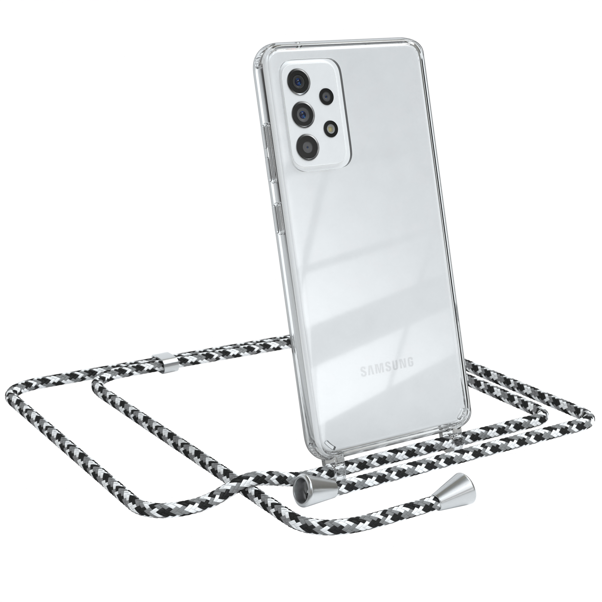 Telefon in klarer Hülle mit schwarz-weiß-grauem Lanyard. Weißer Hintergrund.