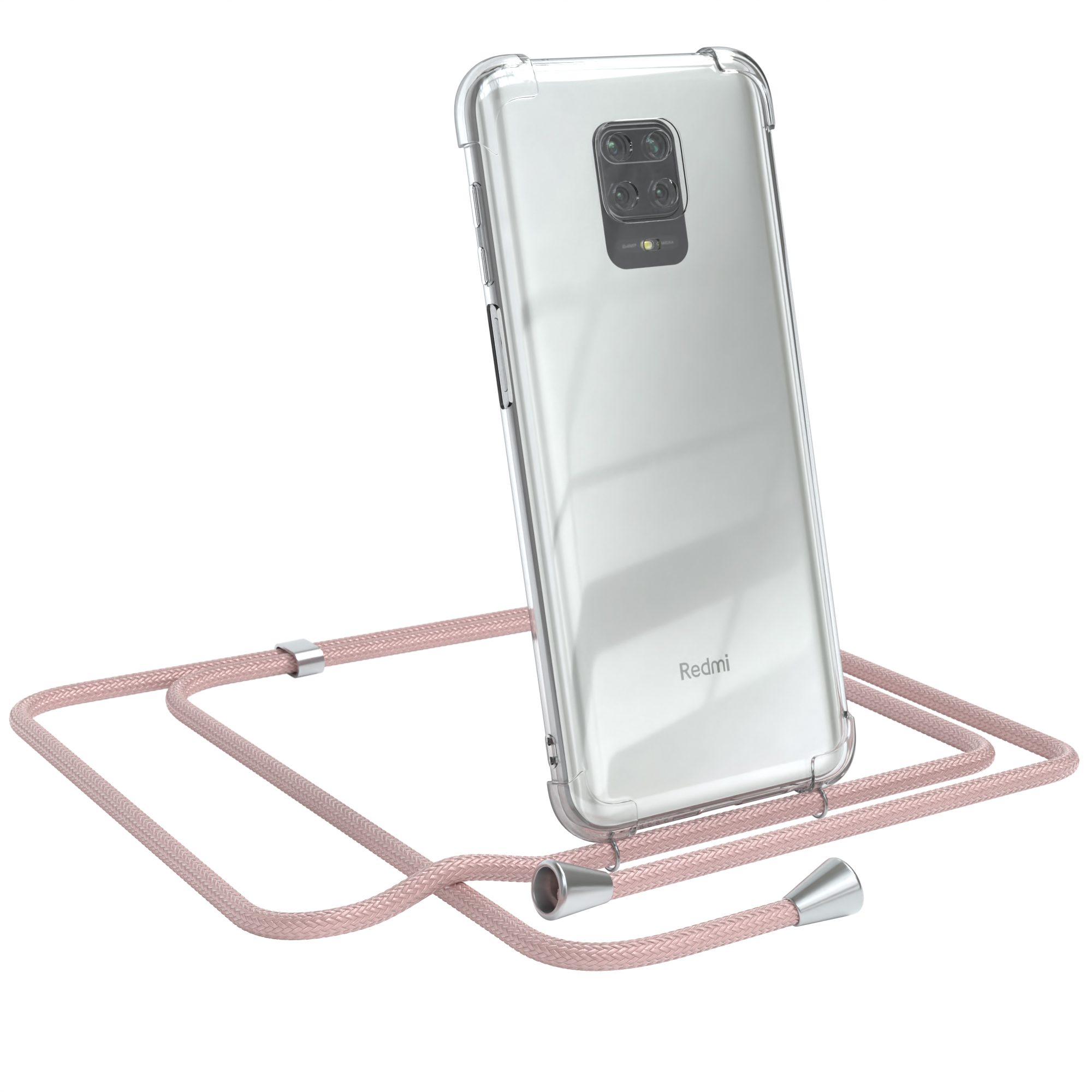 Transparente Handyhülle mit rosa Schlüsselband. Ein Redmi-Handy ist drin.