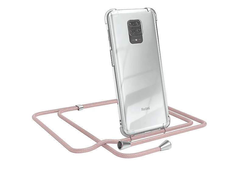 EAZY CASE Clear Cover mit Umhängeband, Umhängetasche, Xiaomi, Redmi Note 9S / 9 Pro / 9 Pro Max, Rosé / Clips Silber