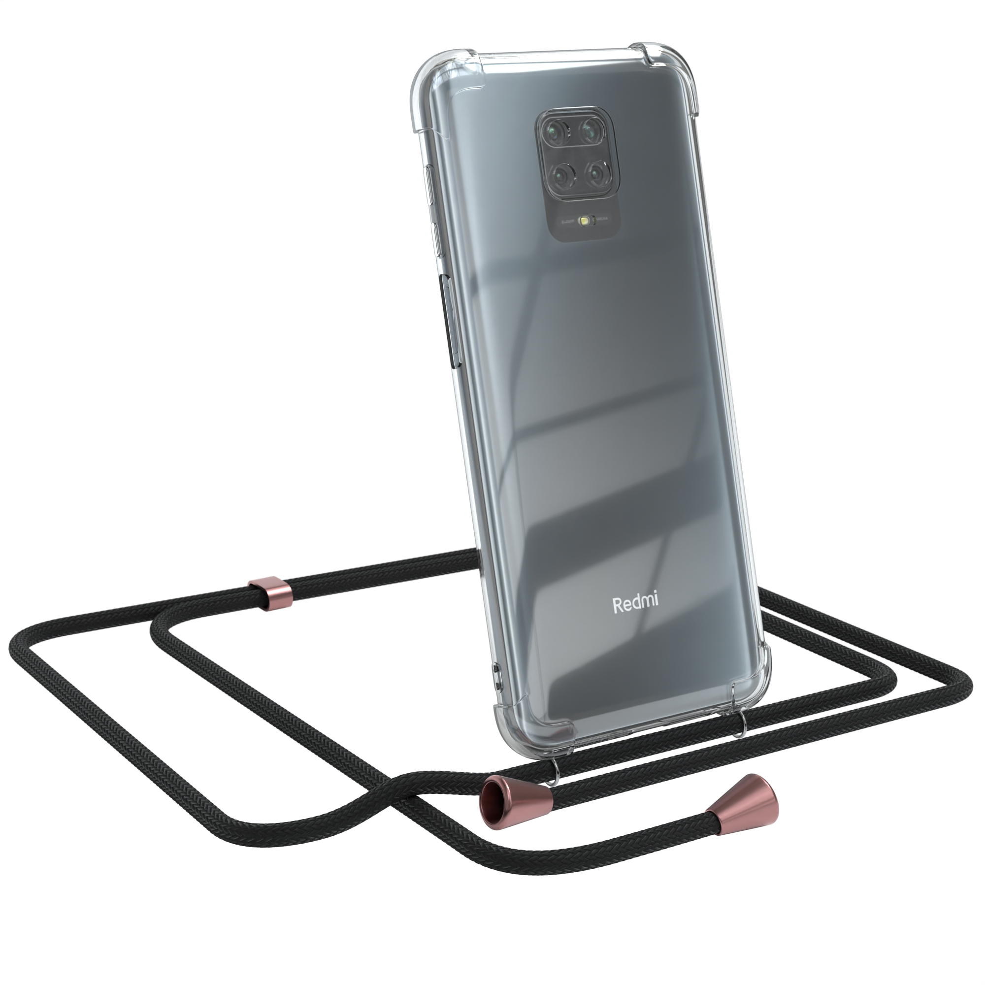 Transparente Handyhülle mit schwarzem Kabel. Das Handy lehnt sich an das Kabel. Roségold-Akzente.