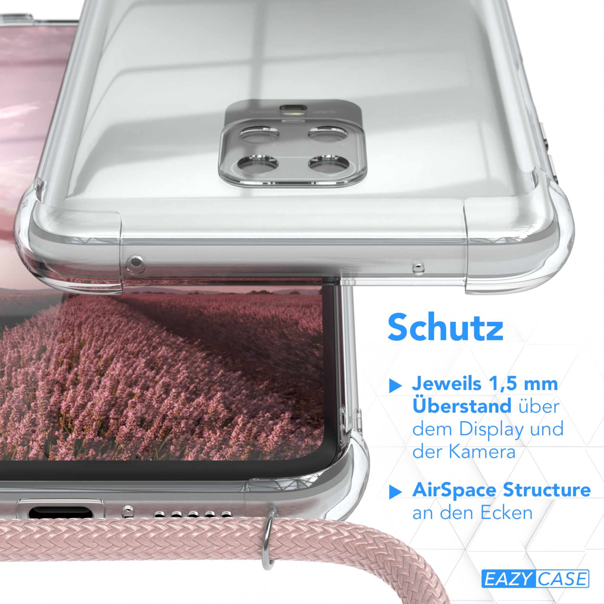 Transparente Handyhülle über einem Telefon. Text: Schutz. Merkmale: 1,5 mm Überstand, AirSpace.