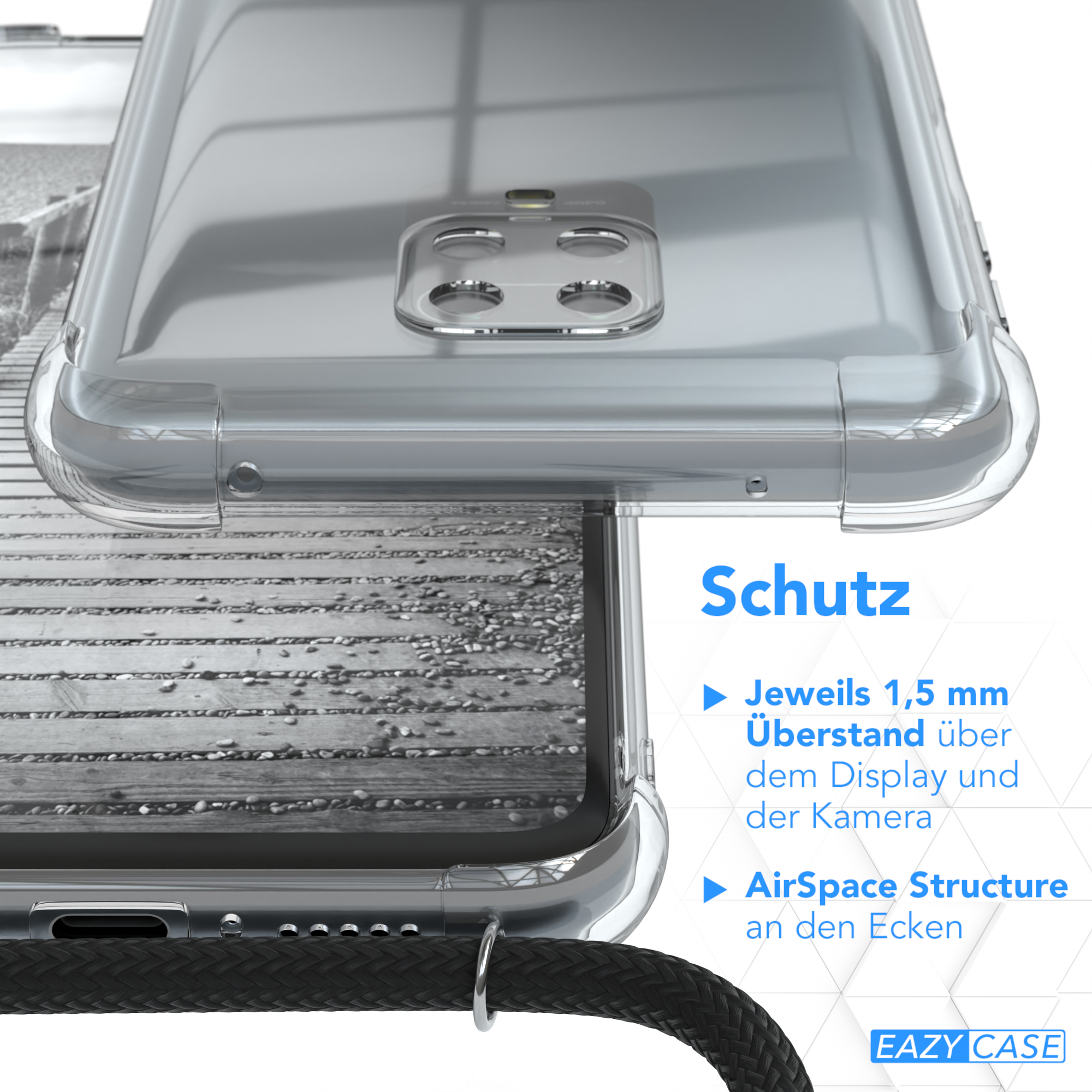Nahaufnahme einer transparenten Handyhülle mit geflochtener Schnur. Kamera.