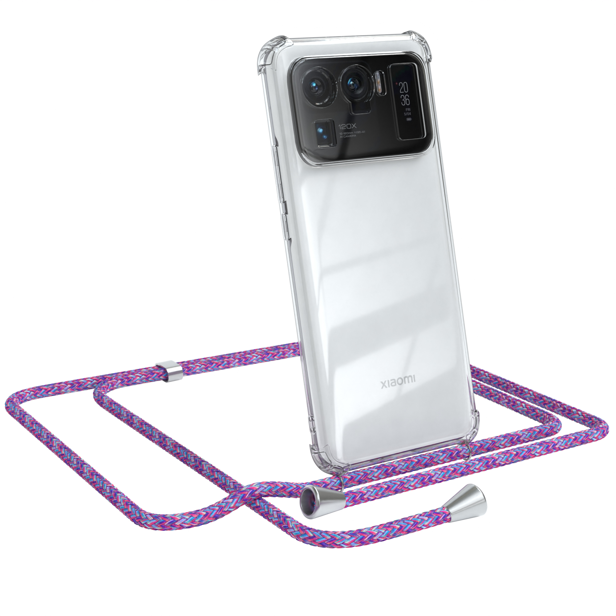 Transparente Handyhülle mit lila Lanyard, Xiaomi-Handy. Weißer Hintergrund.