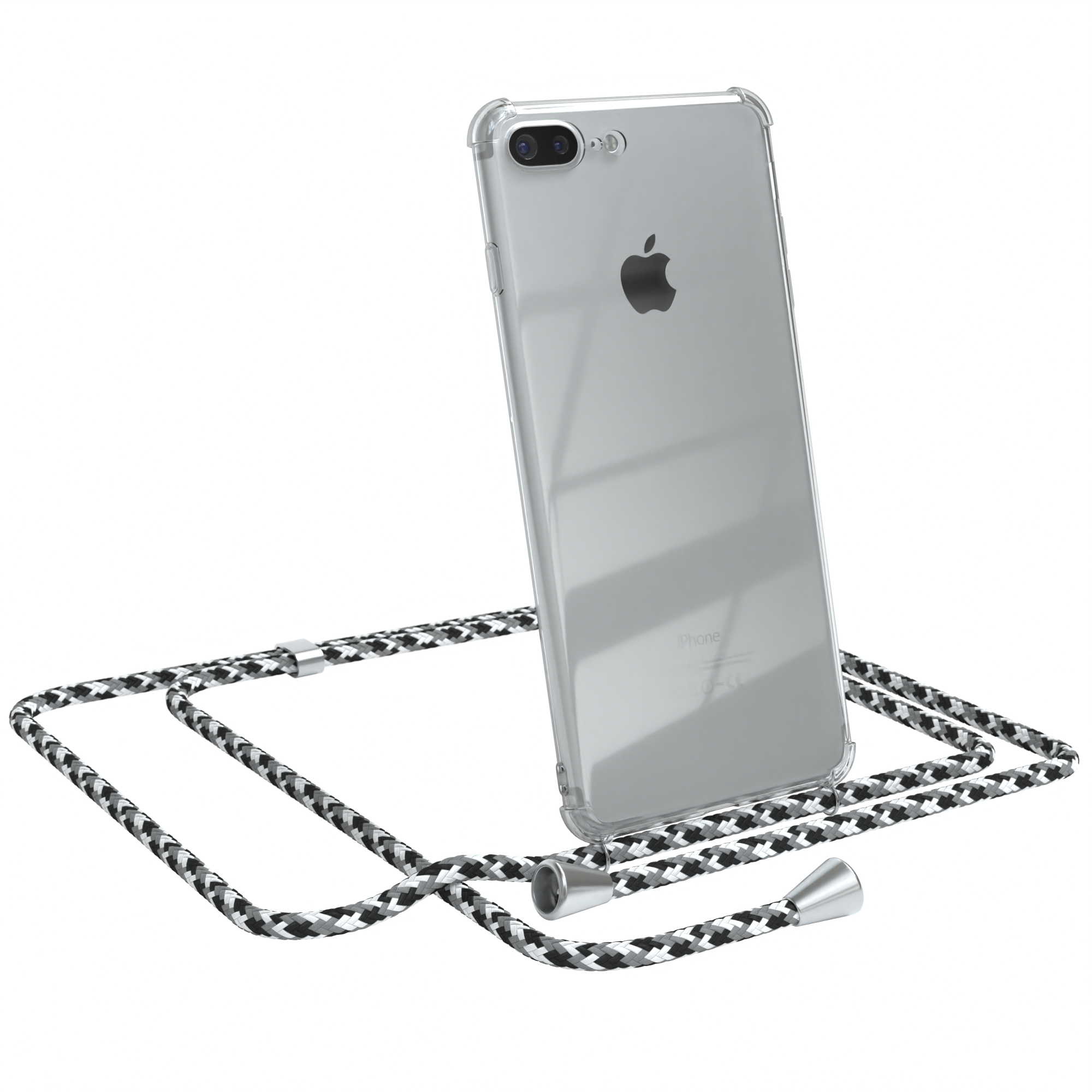 Eine transparente Handyhülle mit einem schwarz-weißen Schlüsselband, das Telefon lehnt.