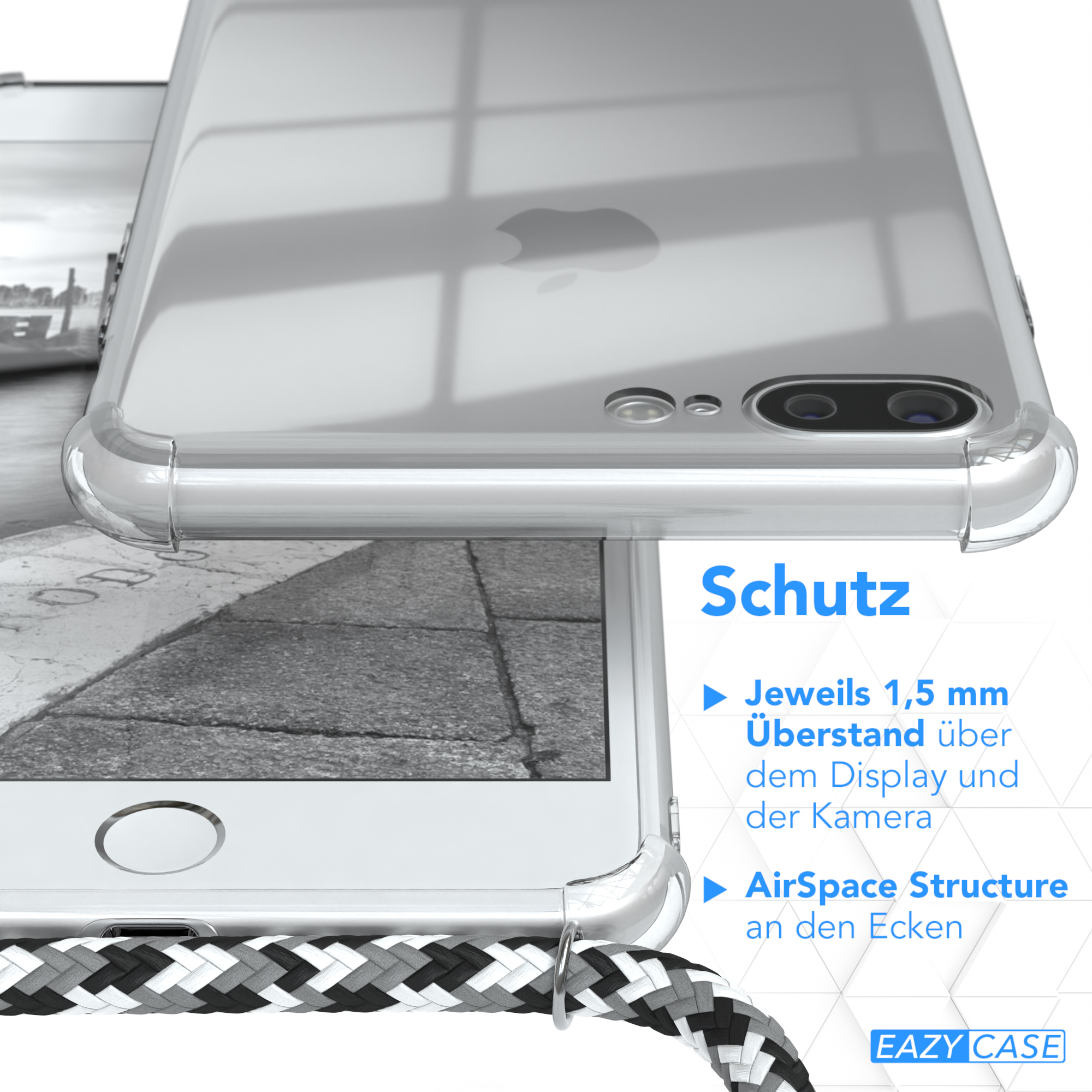 Nahaufnahme einer Handyhülle. Der Hintergrund zeigt ein Schwarz-Weiß-Foto.
