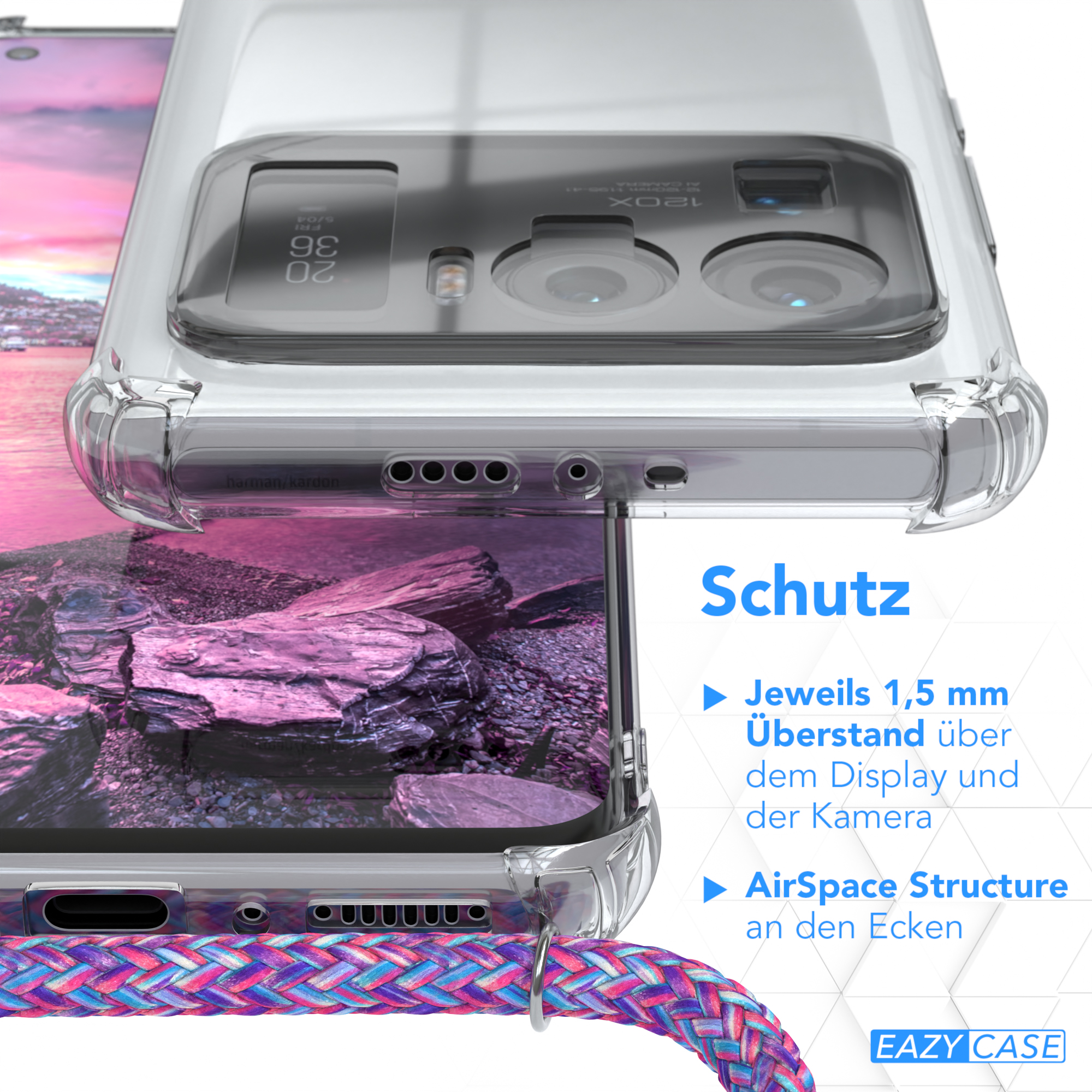 Ein Telefon in einer durchsichtigen Hülle, das die Rückseite und die Kamera des Telefons zeigt, mit Text über Schutz und Funktionen.