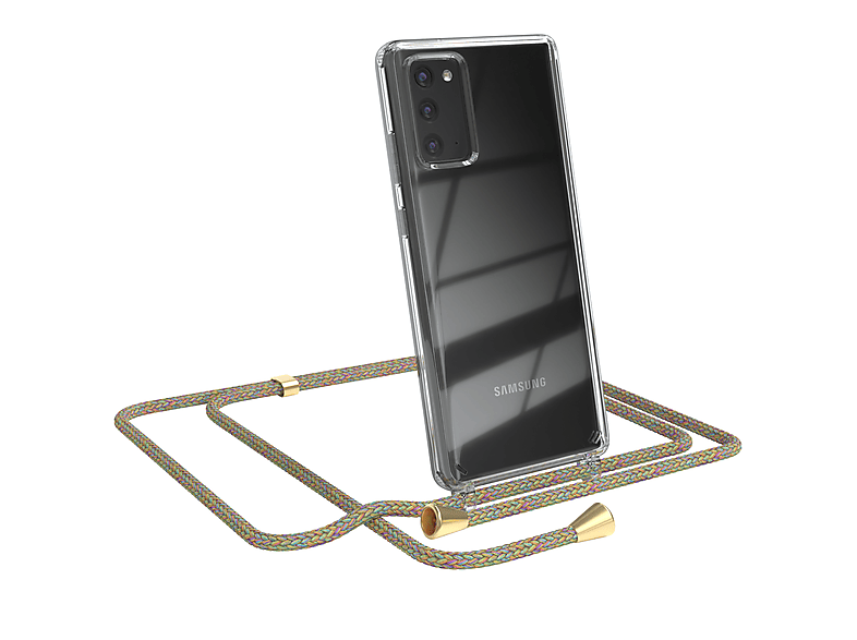 EAZY CASE Clear Cover mit Umhängeband, Umhängetasche, Samsung, Galaxy Note 20 / Note 20 5G, Bunt / Clips Gold | Handyketten