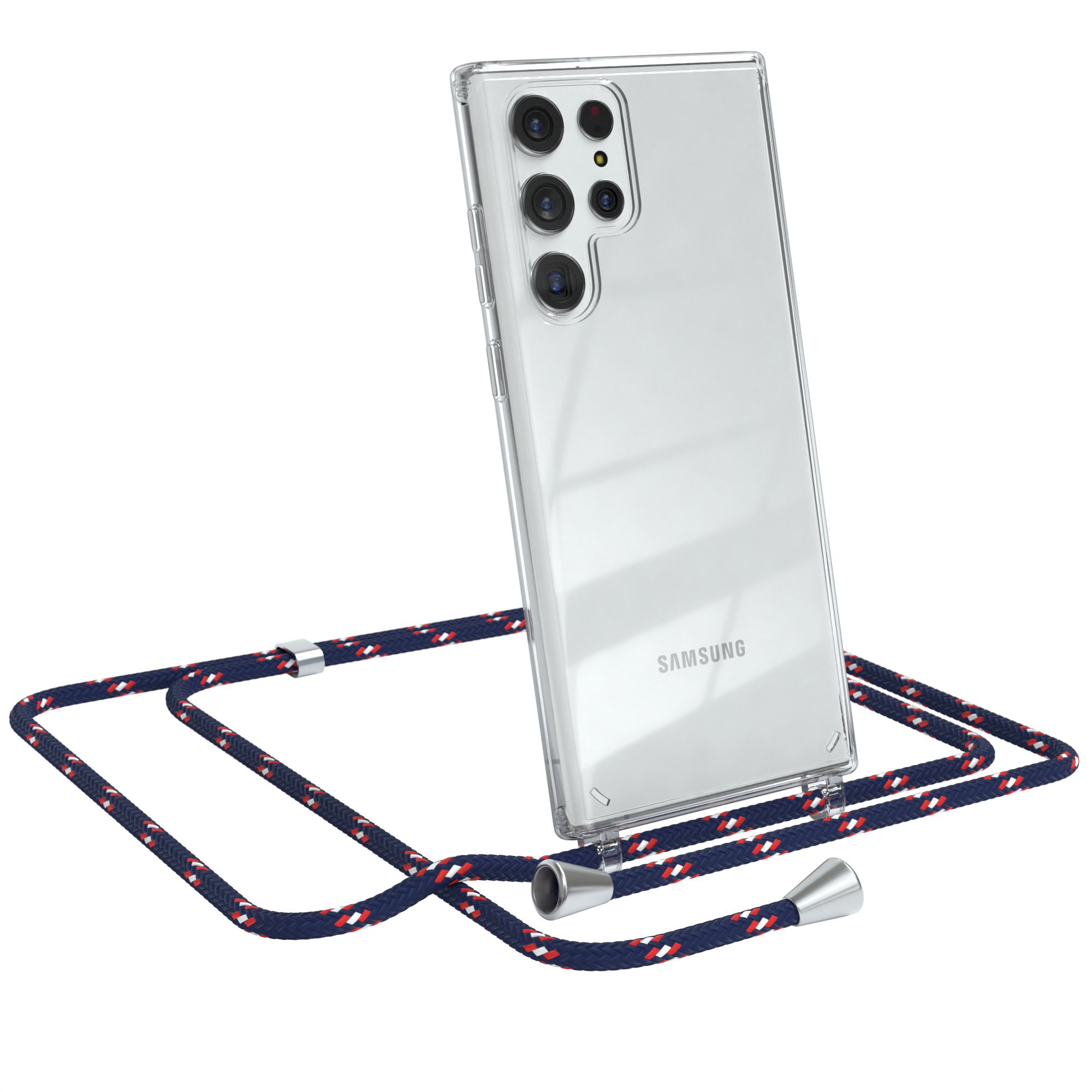 Transparente Handyhülle mit blau/rotem Umhängeband. Samsung-Logo. Vor weißem Hintergrund.