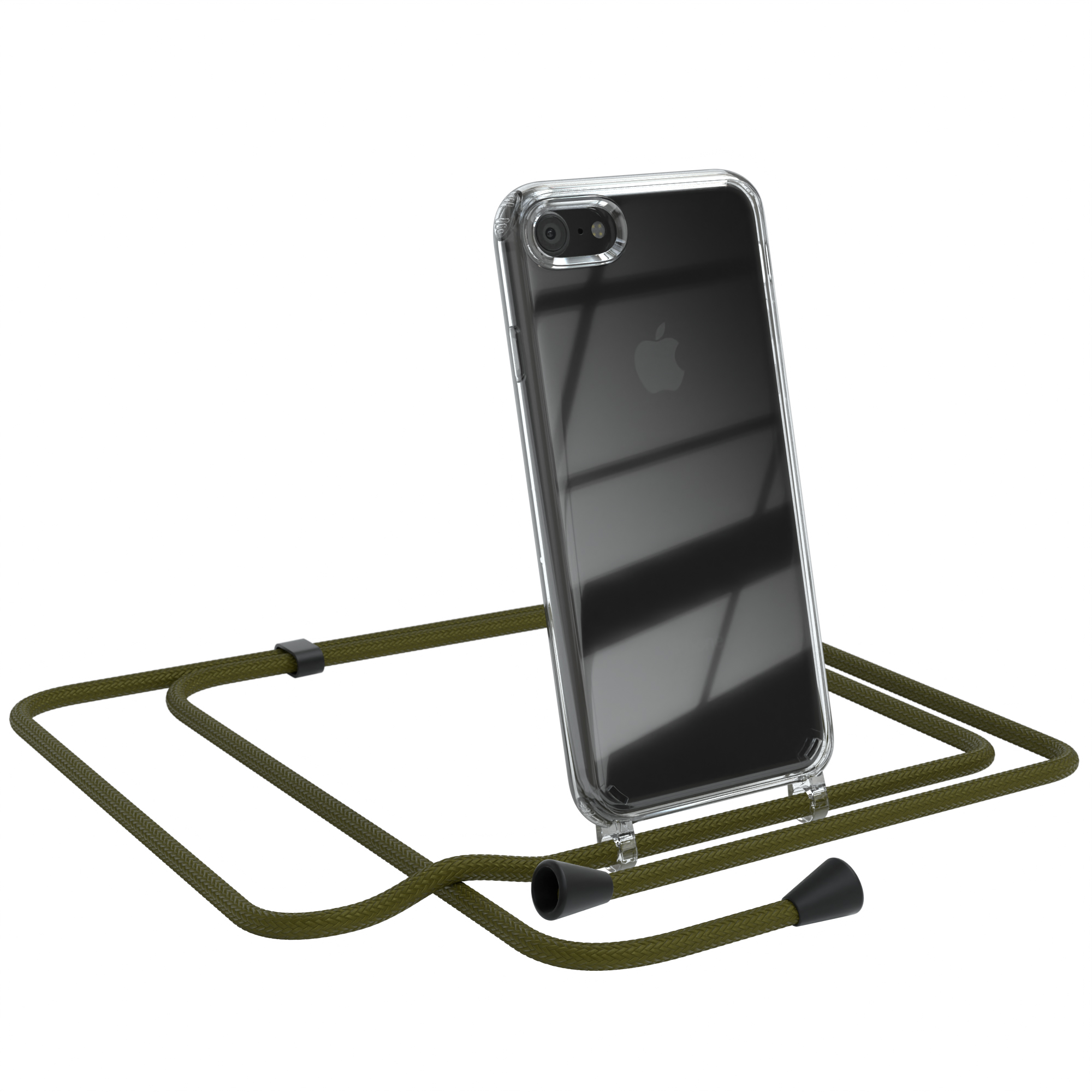 Transparente Handyhülle mit olivfarbenem Band. Das Telefon ist schwarz, das Band hat schwarze Enden.
