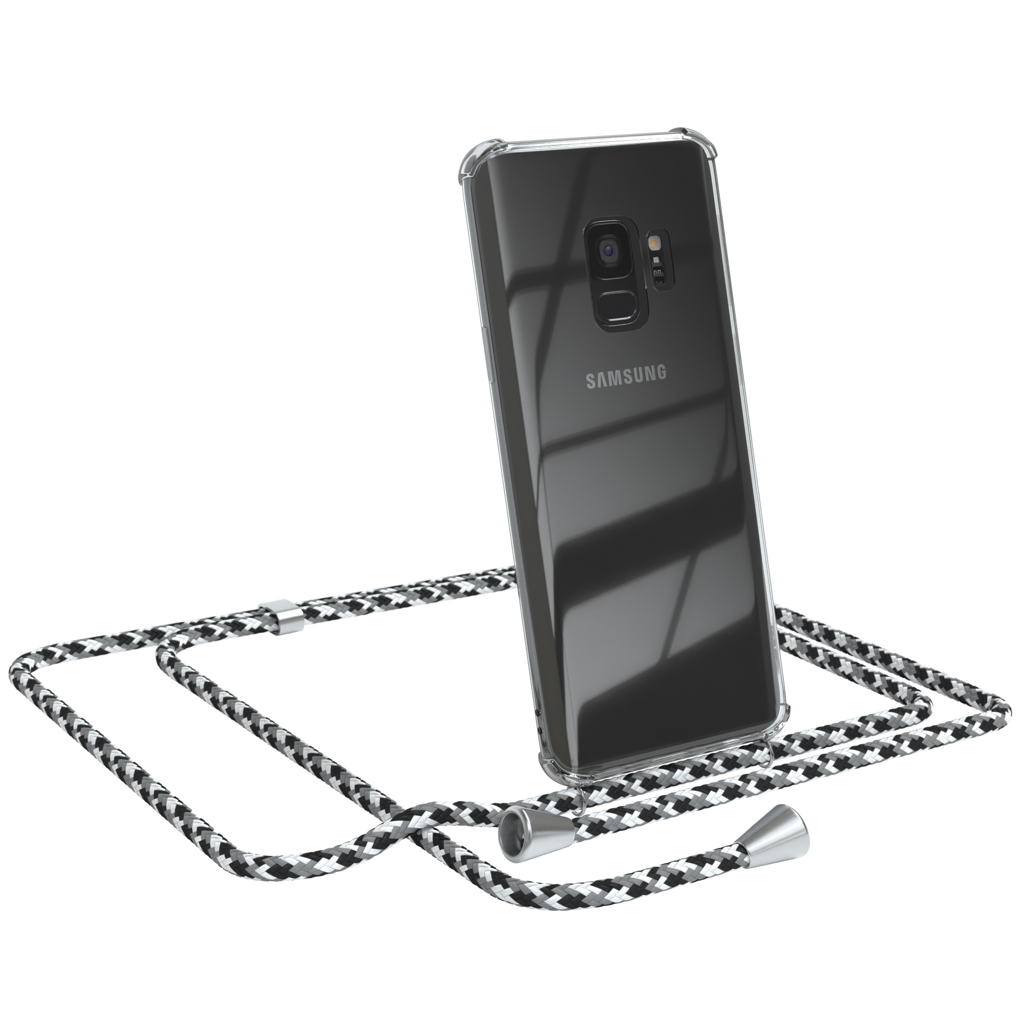 Klares Telefon mit schwarz-weißem Kabel. Der Hintergrund ist weiß.