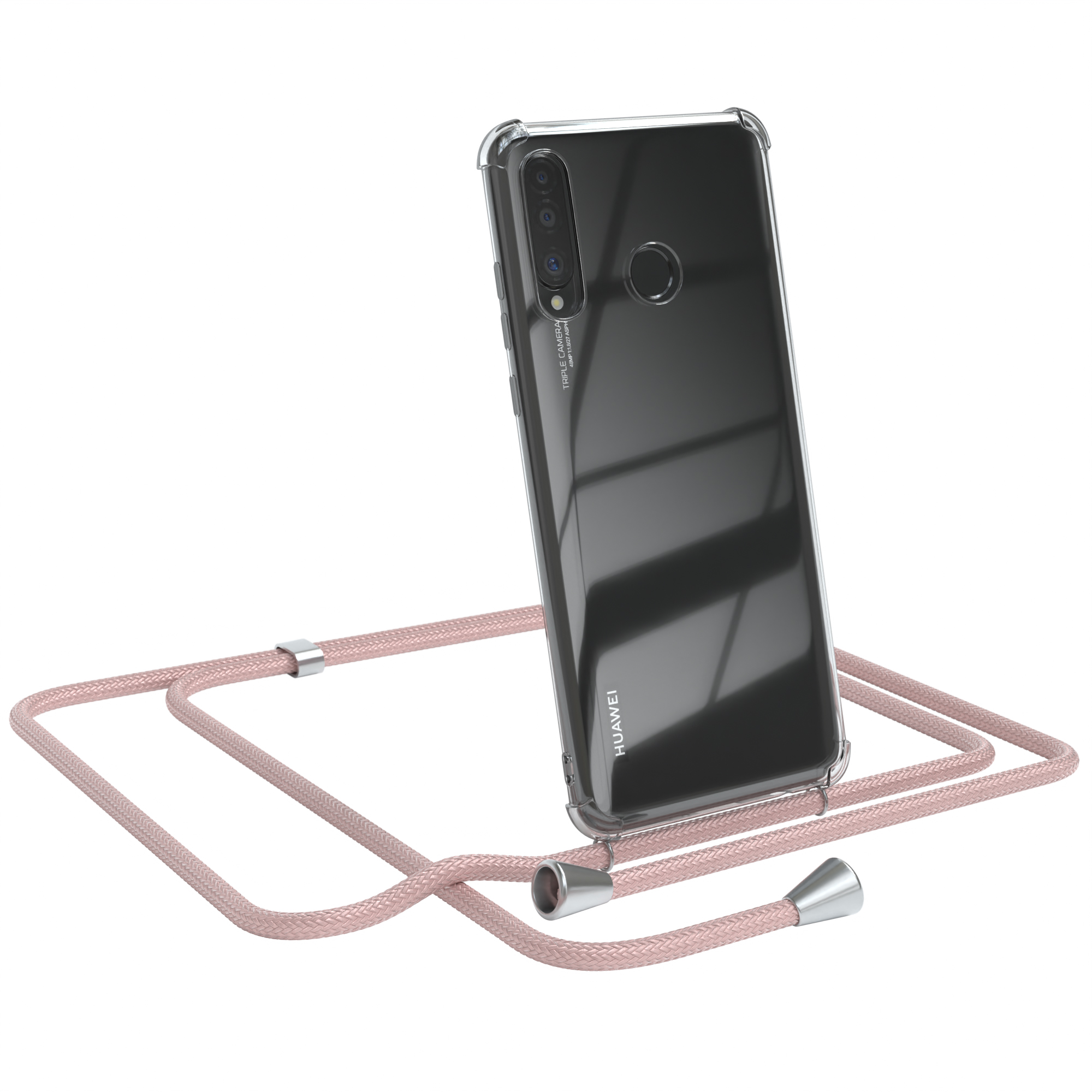 Transparente Handyhülle mit hellrosa Umhängeband. Das Telefon zeigt ein Huawei-Logo.