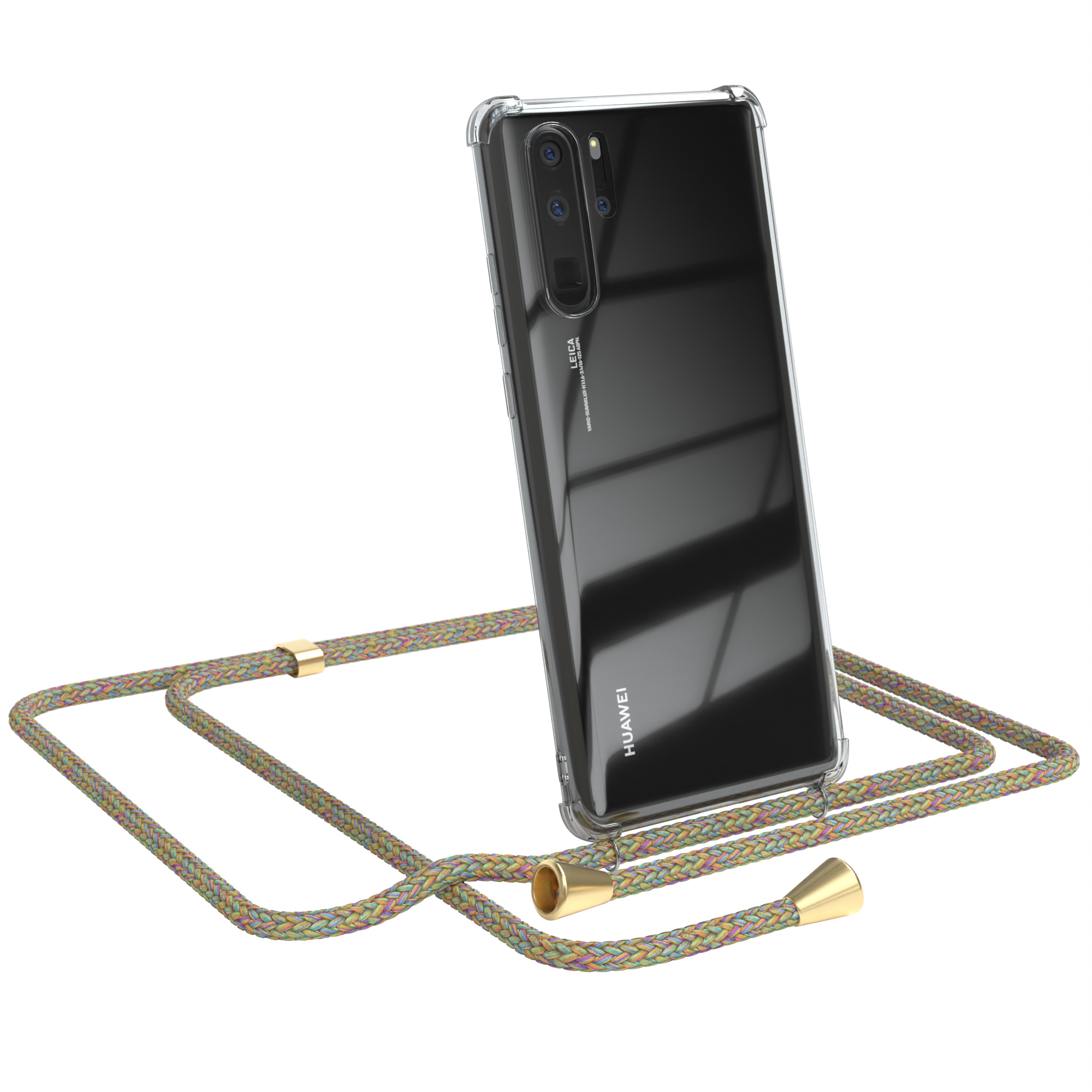 Ein Huawei-Telefon in einer transparenten Hülle mit einem bunten Lanyard.