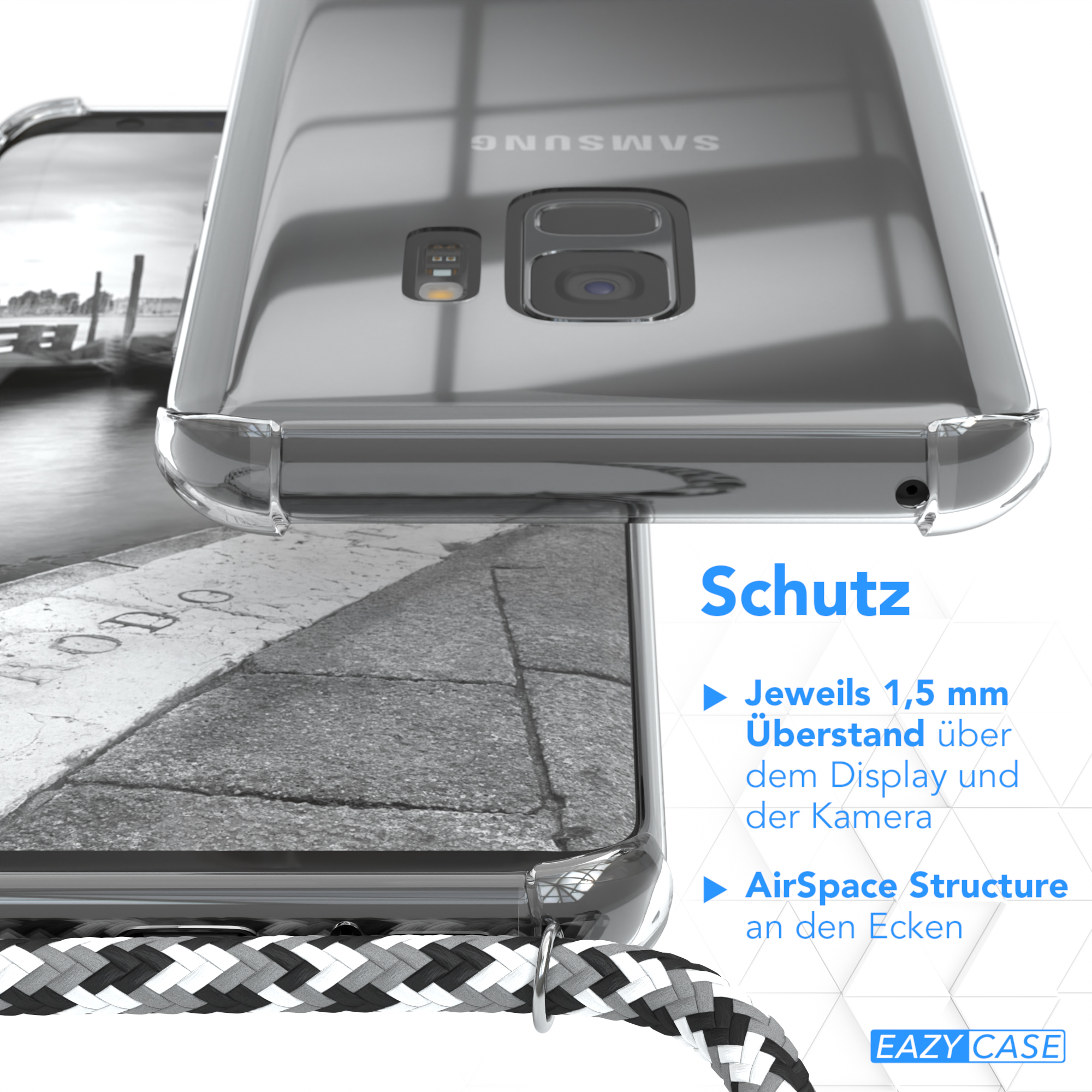 Transparente Handyhülle mit schwarz-weißem Kabel, Telefondetail und grauer Straße.