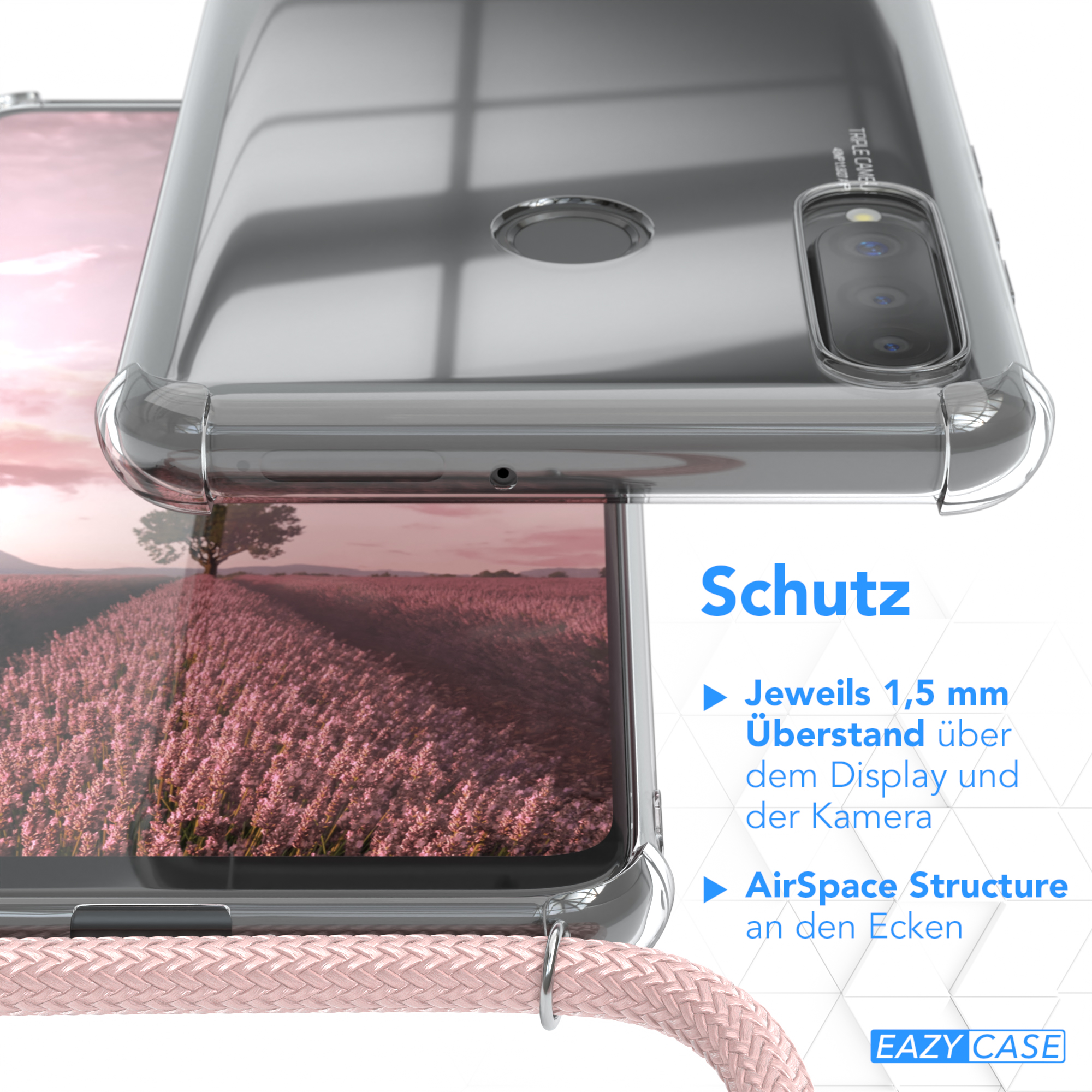 Transparente Handyhülle auf einem Telefon, schützt Kamera und Display. Text über 1,5 mm Overlay und AirSpace Structure.