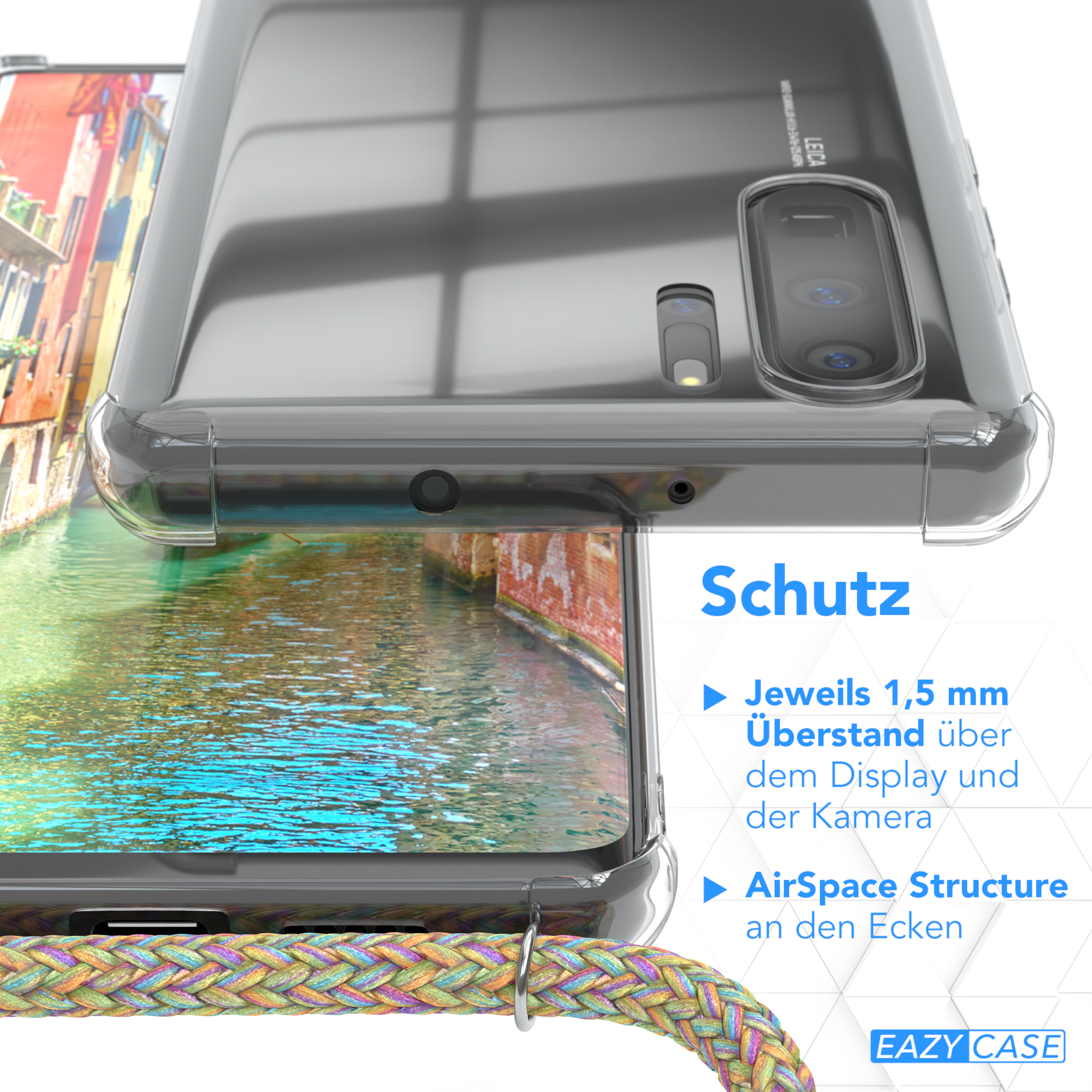 Transparente Handyhülle über einem Telefon. Text: Schutz. Merkmale: 1,5 mm Überstand, AirSpace.