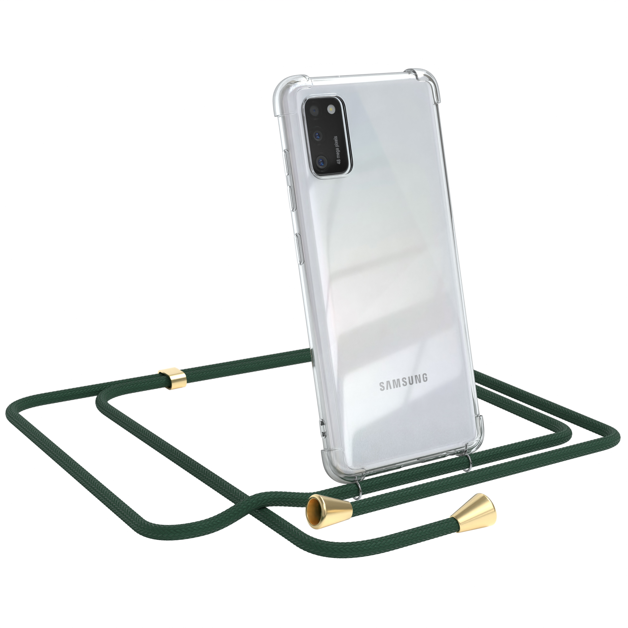 Transparente Handyhülle mit dunkelgrünem Kabel. Das Telefon ist transparent und zeigt: SAMSUNG.