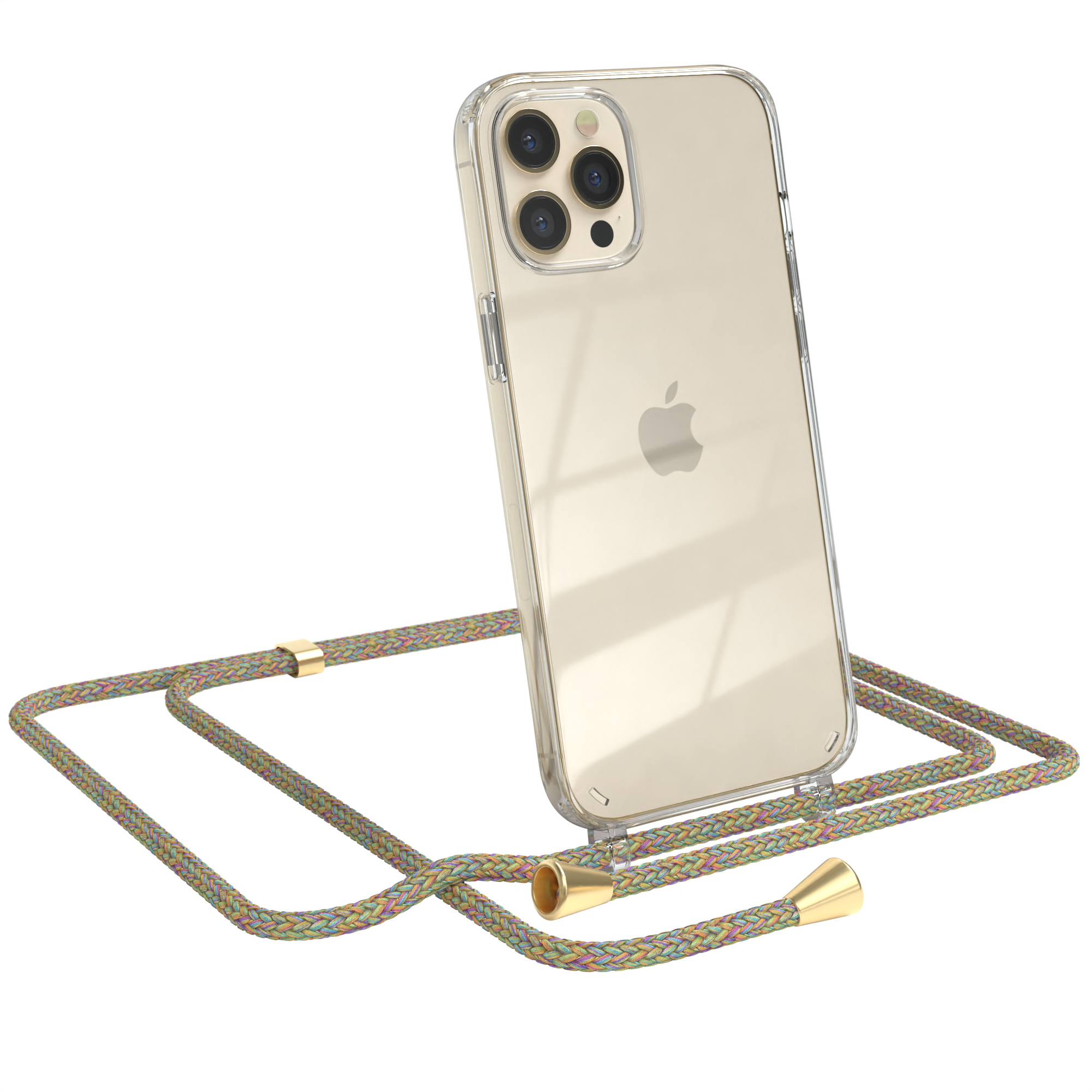 EAZY CASE Clear Cover Gold Max, / Pro Umhängeband, 12 Apple, iPhone mit Umhängetasche, Clips Bunt