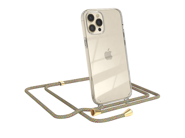 EAZY CASE Clear Cover mit Umhängeband, Umhängetasche, Apple, iPhone 12 Pro Max, Bunt / Clips Gold