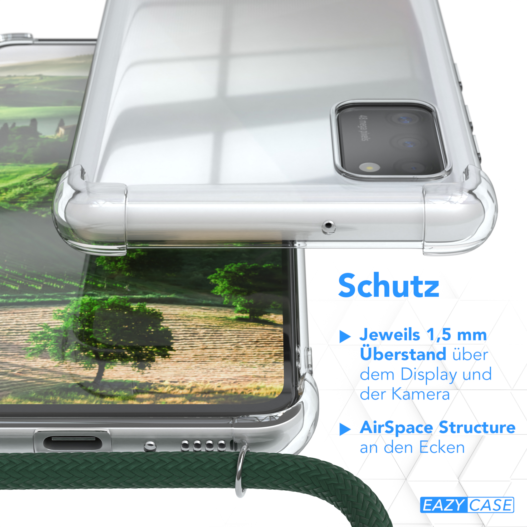 Transparente Handyhülle auf einem Telefon. Text auf Deutsch über Display- und Kameraschutz.