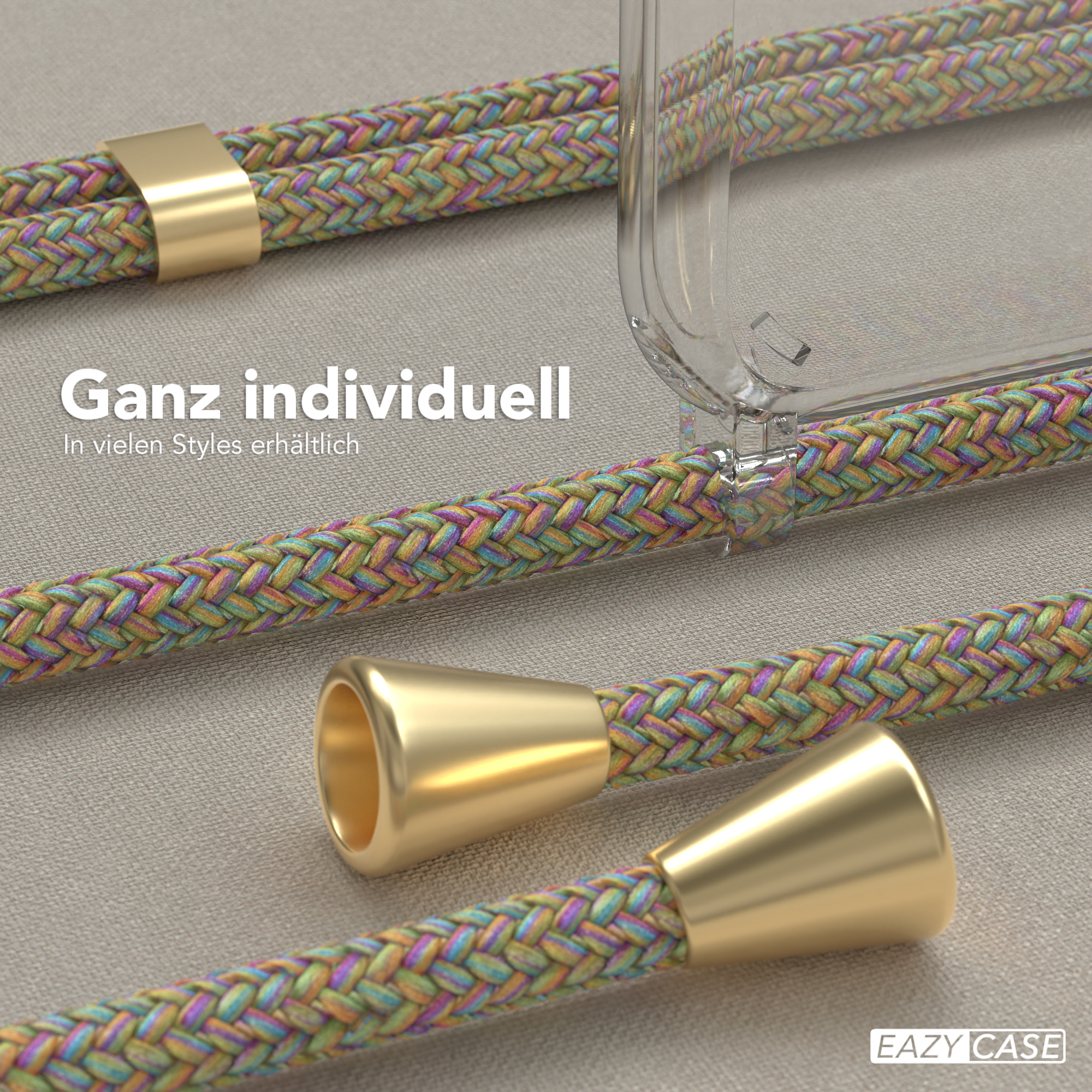 Bunte geflochtene Handykordel mit goldenen Spitzen auf neutralem Untergrund.