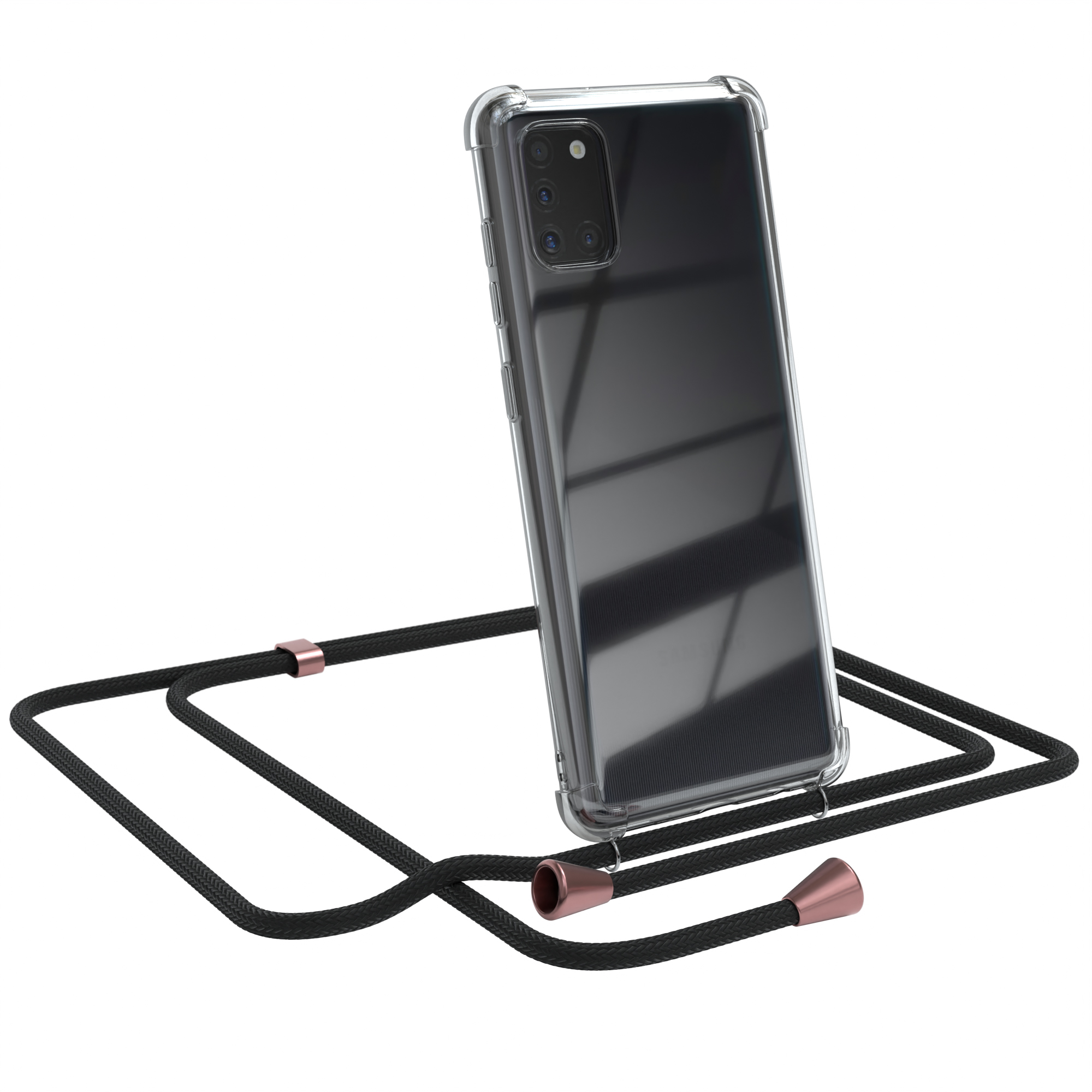 Transparente Handyhülle mit schwarzem Kordel. Ein Samsung-Handy ist in der Hülle, weißer Hintergrund.