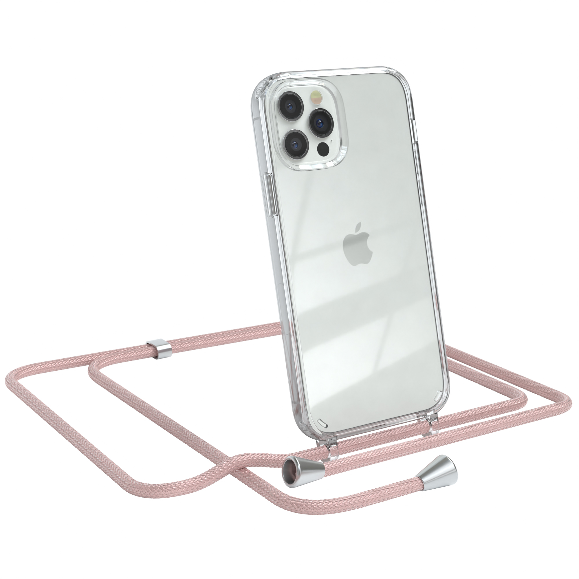 Transparente Handyhülle mit pinkfarbenem Kordel. Apple-Handy steht aufrecht. Weißer Hintergrund.