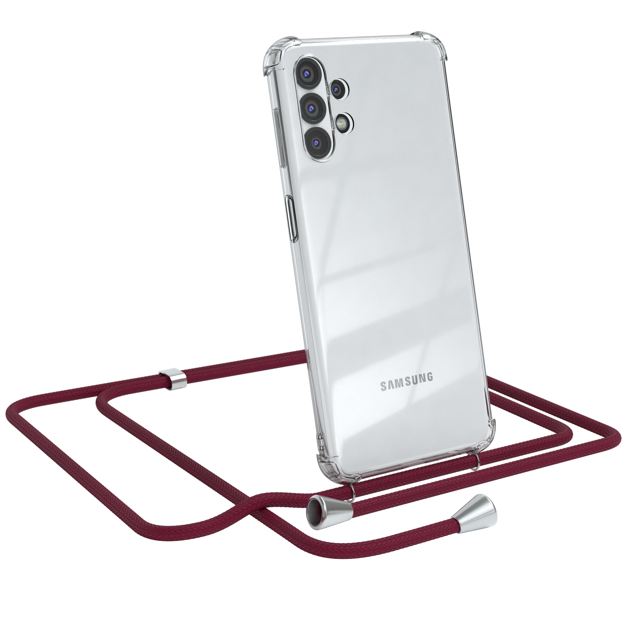 Samsung-Handy in transparenter Hülle mit bordeauxfarbenem Umhängeband. Weißer Hintergrund.