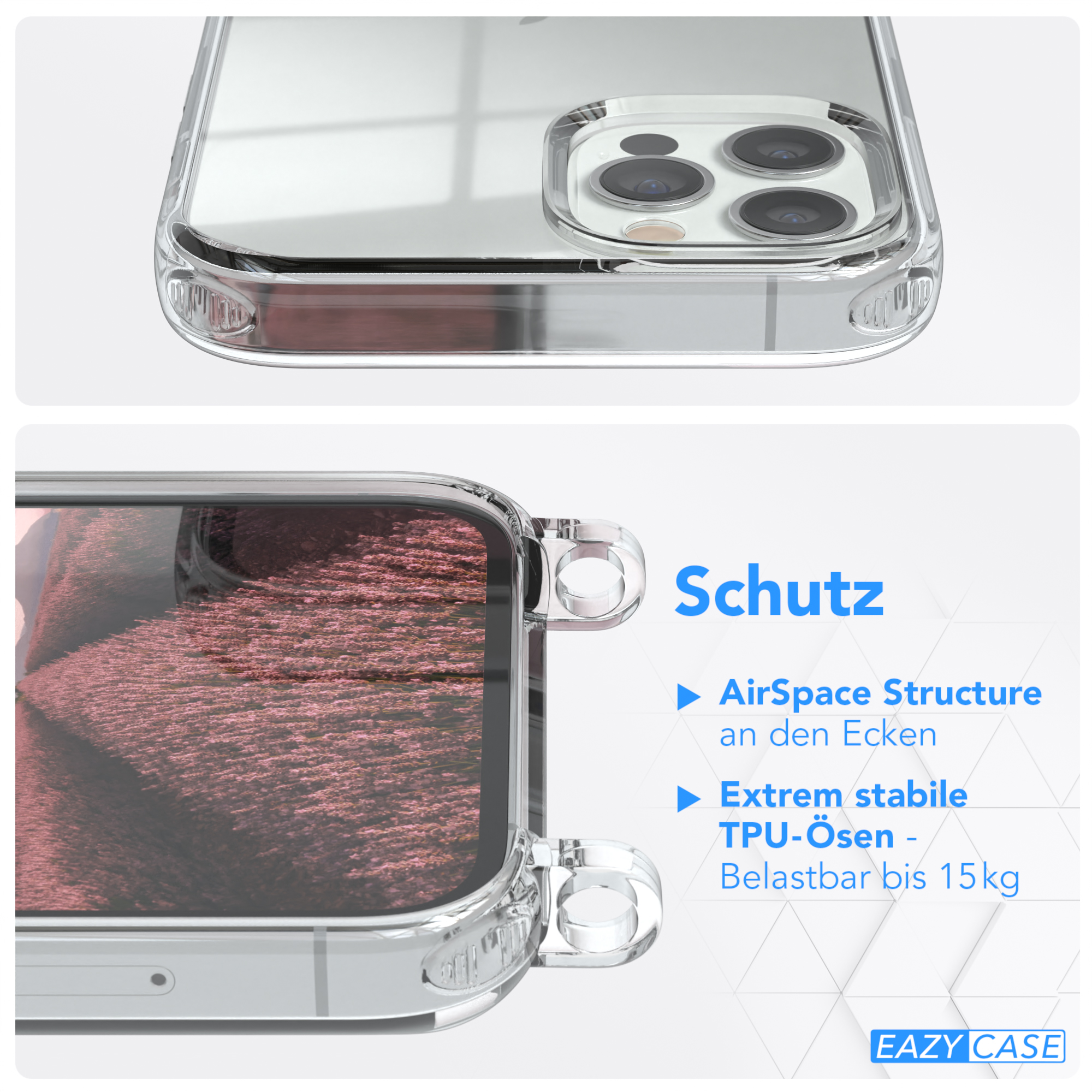 Transparente Handyhülle mit Text, der Display-, Kamera- und Eckschutzfunktionen beschreibt.