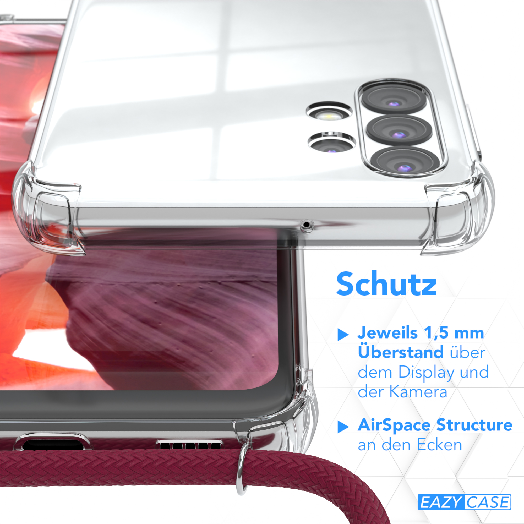EAZY CASE Clear Cover mit Umhängetasche, Clips Rot 5G, Samsung, Bordeaux Galaxy A32 Umhängeband, Silber 
