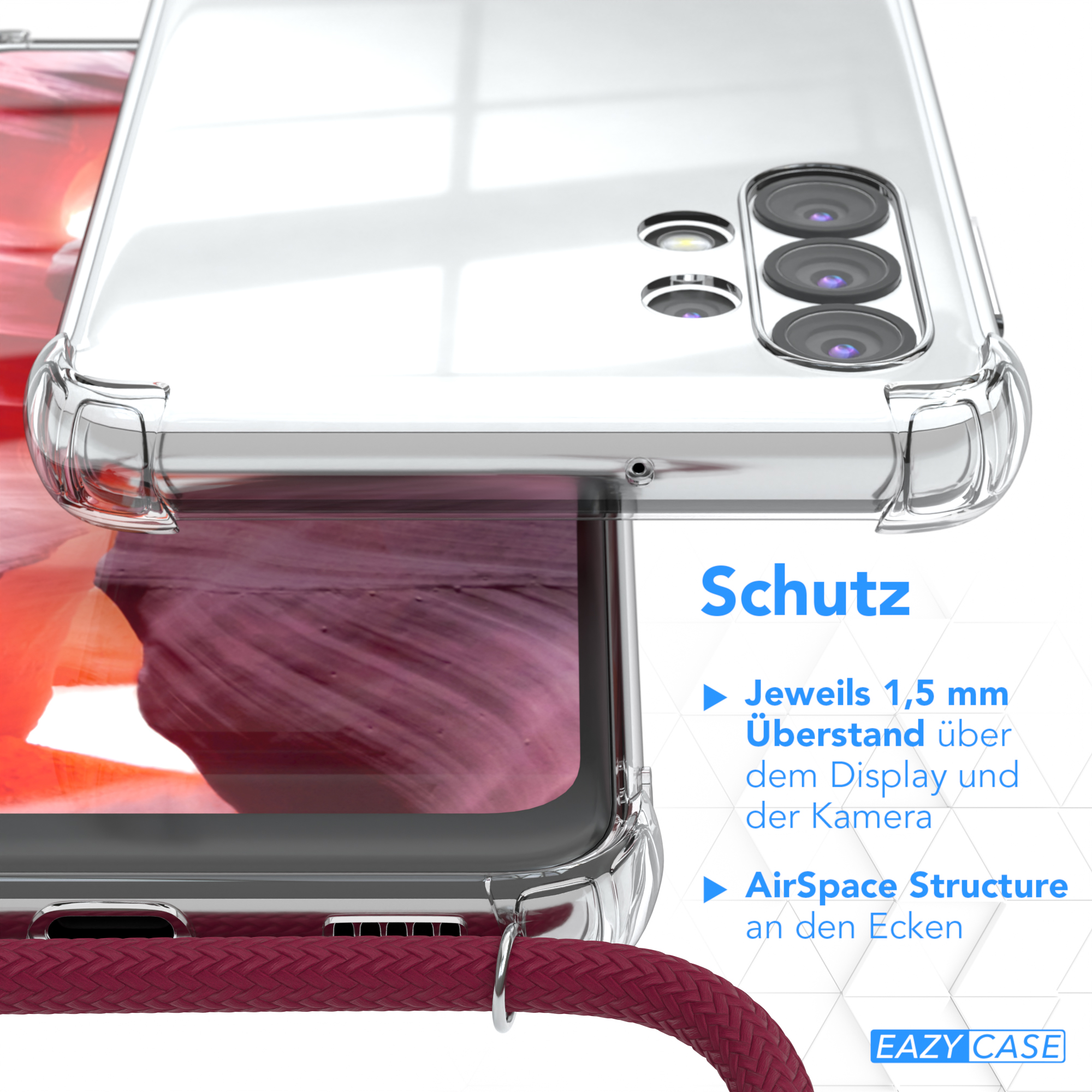 Transparente Handyhülle, transparent, mit rotem geflochtenen Ladekabel, Text auf Deutsch.