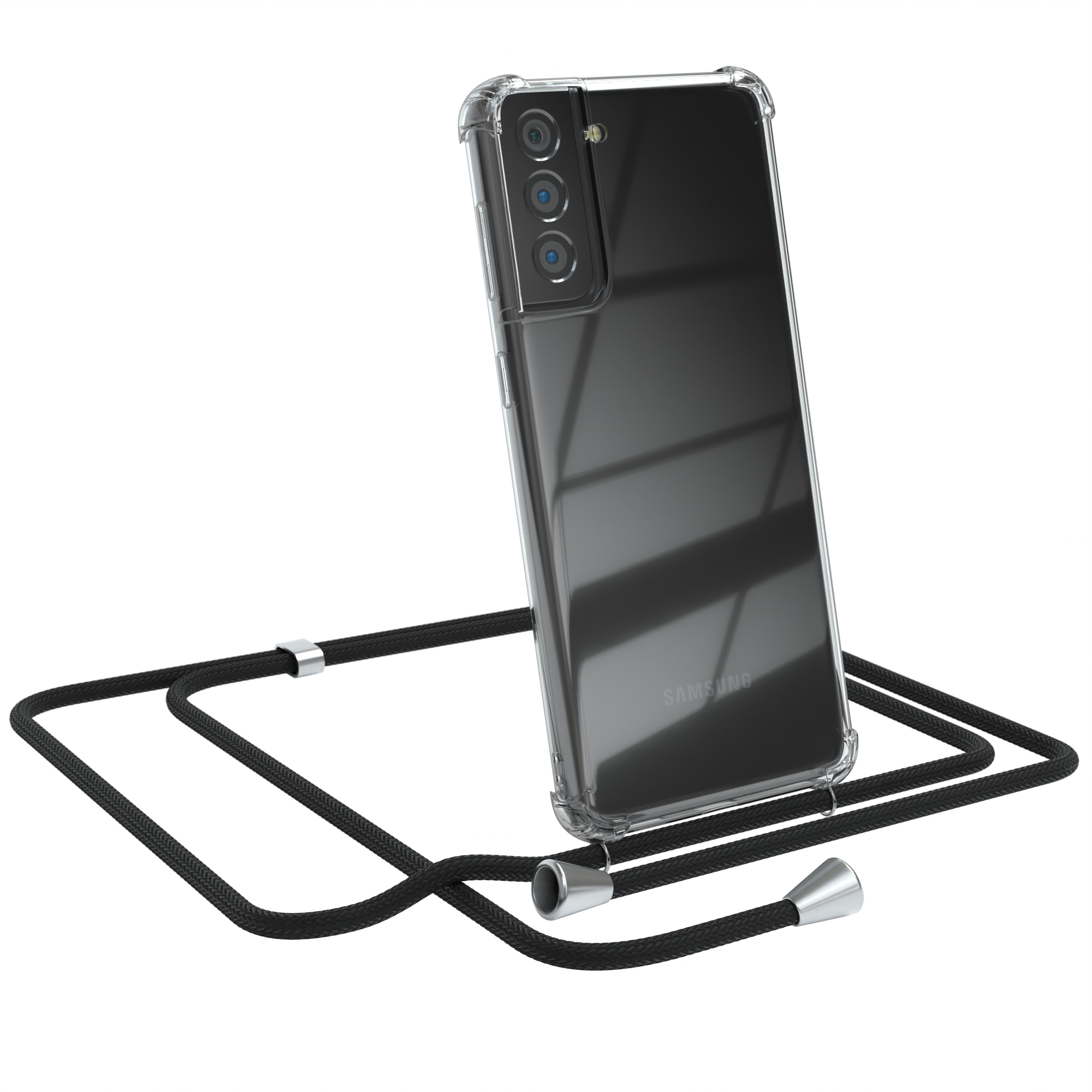 Transparente Handyhülle mit schwarzem Lanyard auf weißem Hintergrund. Samsung-Handy ist sichtbar.