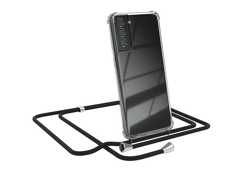 EAZY CASE Clear Cover mit Umhängeband, Umhängetasche, Samsung, Galaxy S21 Plus 5G, Schwarz / Clips Silber