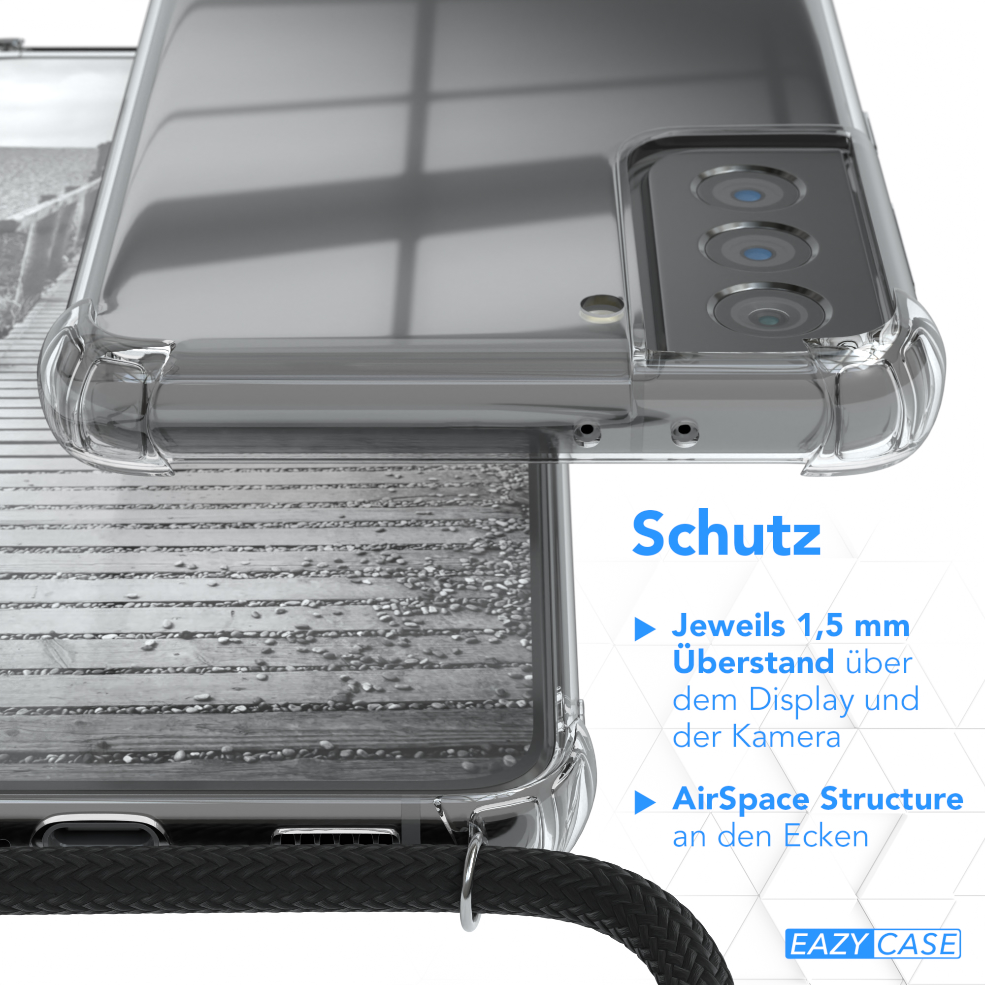 Transparente Handyhülle über Telefon, Holzszene, Schutzfunktionen hervorgehoben.