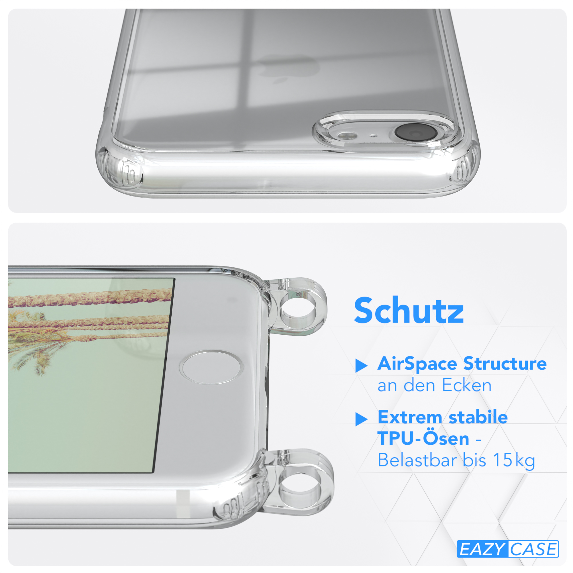 Nahaufnahme einer klaren Handyhülle. Text weist auf AirSpace Structure und TPU-Ösen hin.